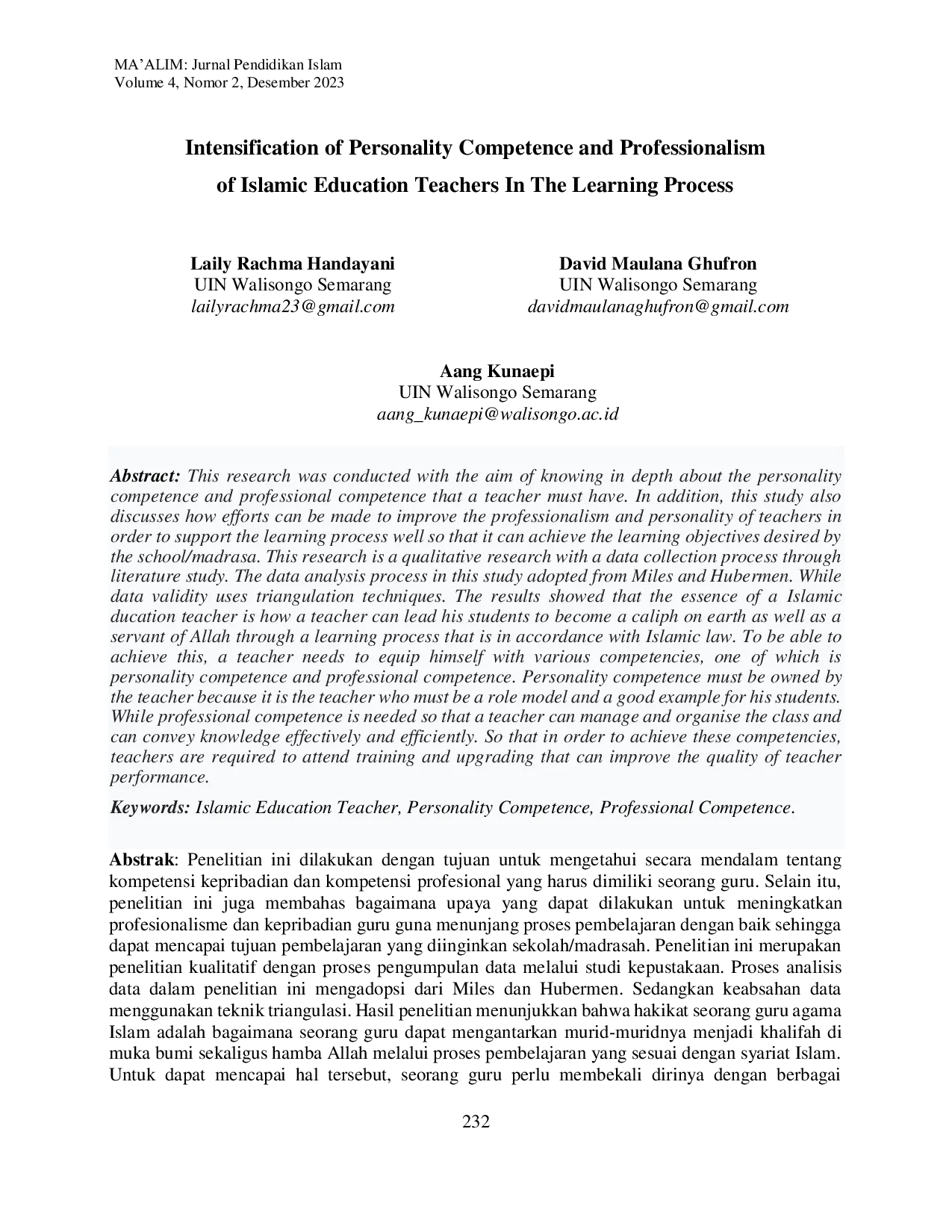 JURIS Intensification of Personality Competence and Professionalism of PAI Teachers In The Lessoning Process