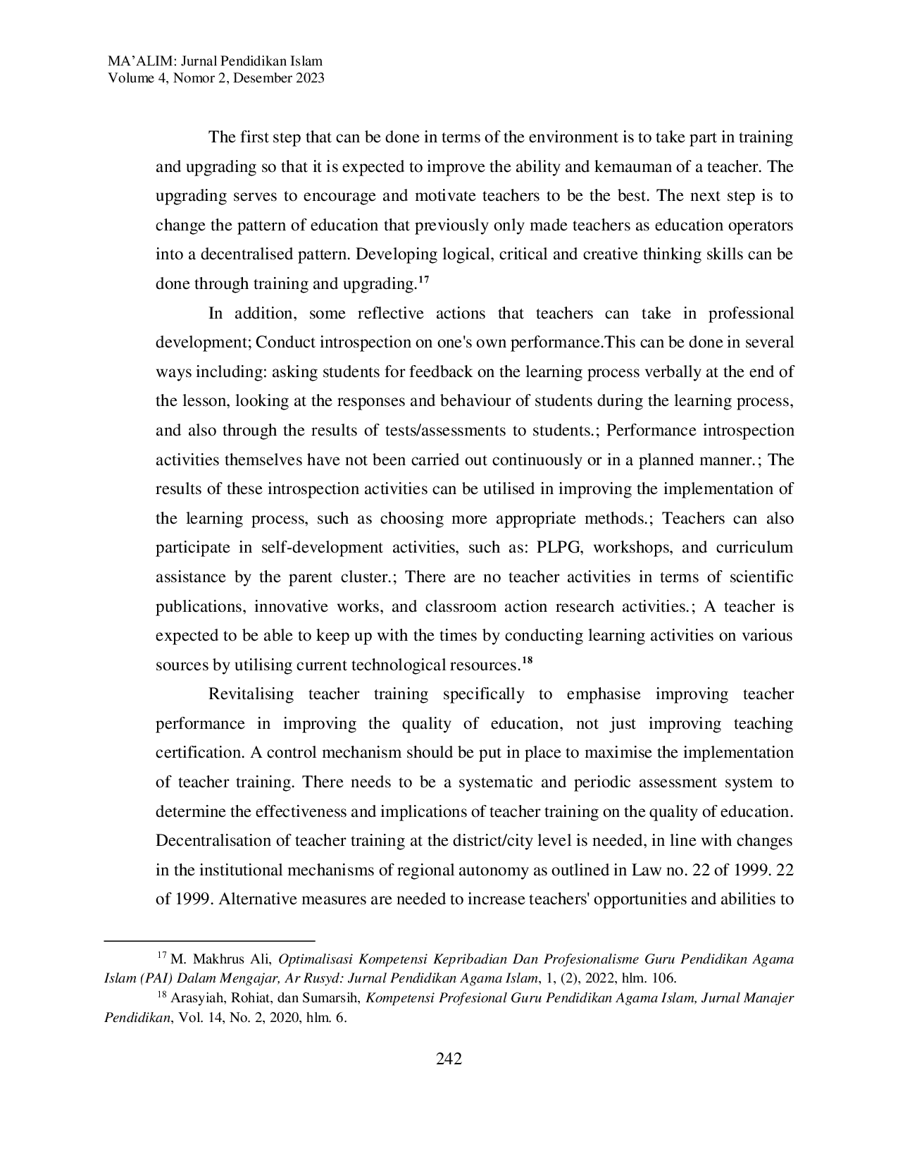 JURIS Intensification of Personality Competence and Professionalism of PAI Teachers In The Lessoning Process