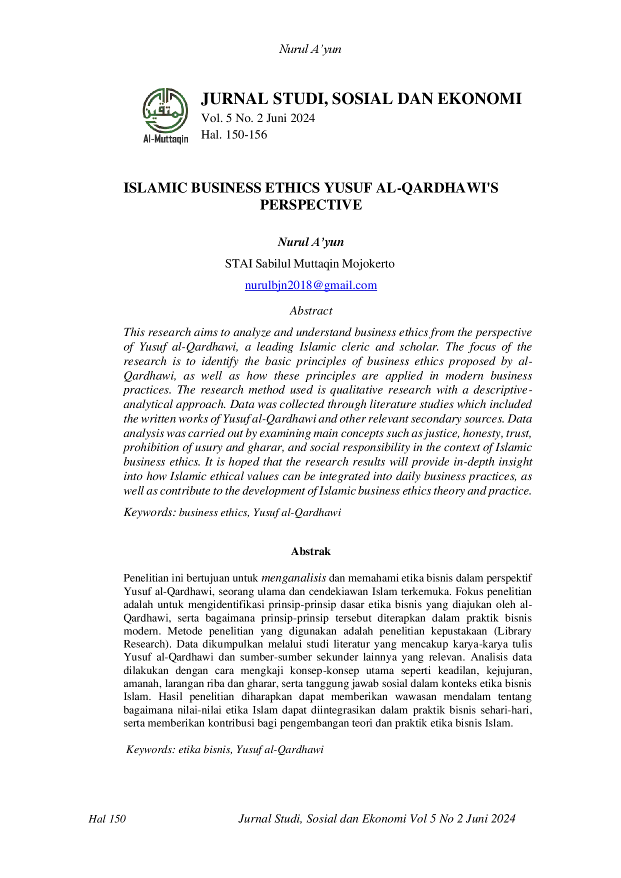 juris Etika Bisnis Islam dalam Perspektif Yusuf Al Qardhawi