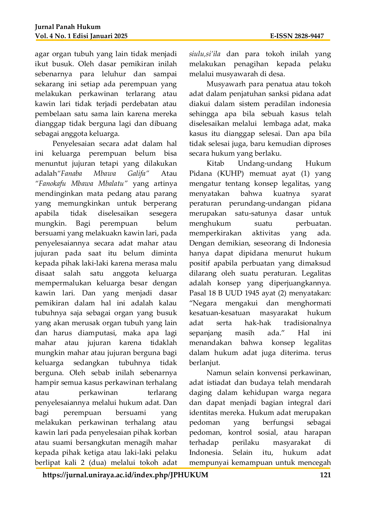 JURIS Kekuatan Hukum Penyelesaian Secara Adat Kawin Terhalang Di Desa Hiligito Orahili Fau Kecamatan Fanayama Kabupaten Nias Selatan