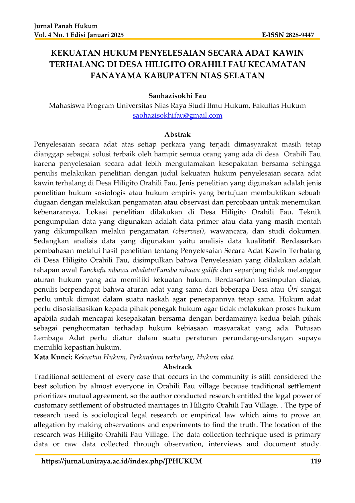 JURIS Kekuatan Hukum Penyelesaian Secara Adat Kawin Terhalang Di Desa Hiligito Orahili Fau Kecamatan Fanayama Kabupaten Nias Selatan