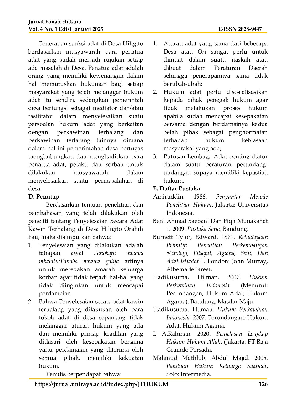 JURIS Kekuatan Hukum Penyelesaian Secara Adat Kawin Terhalang Di Desa Hiligito Orahili Fau Kecamatan Fanayama Kabupaten Nias Selatan