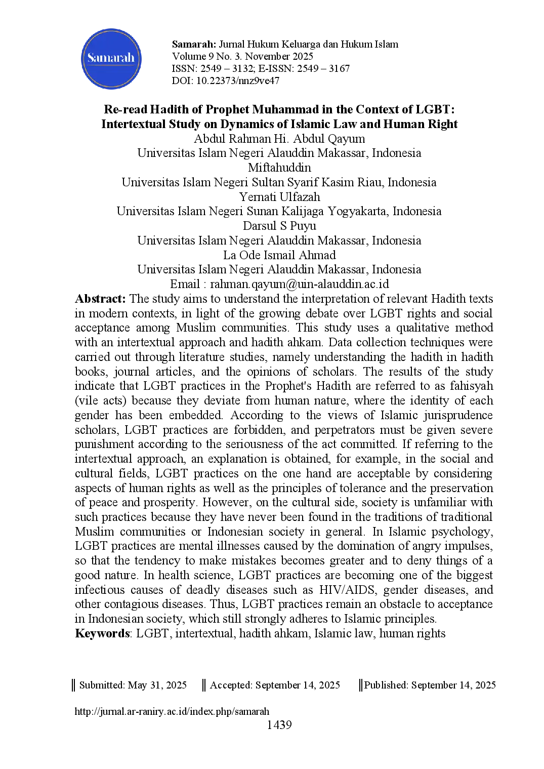 juris Re read Hadith of Prophet Muhammad in the Context of LGBT Intertextual Study on Dynamics of Islamic Law and Human Right