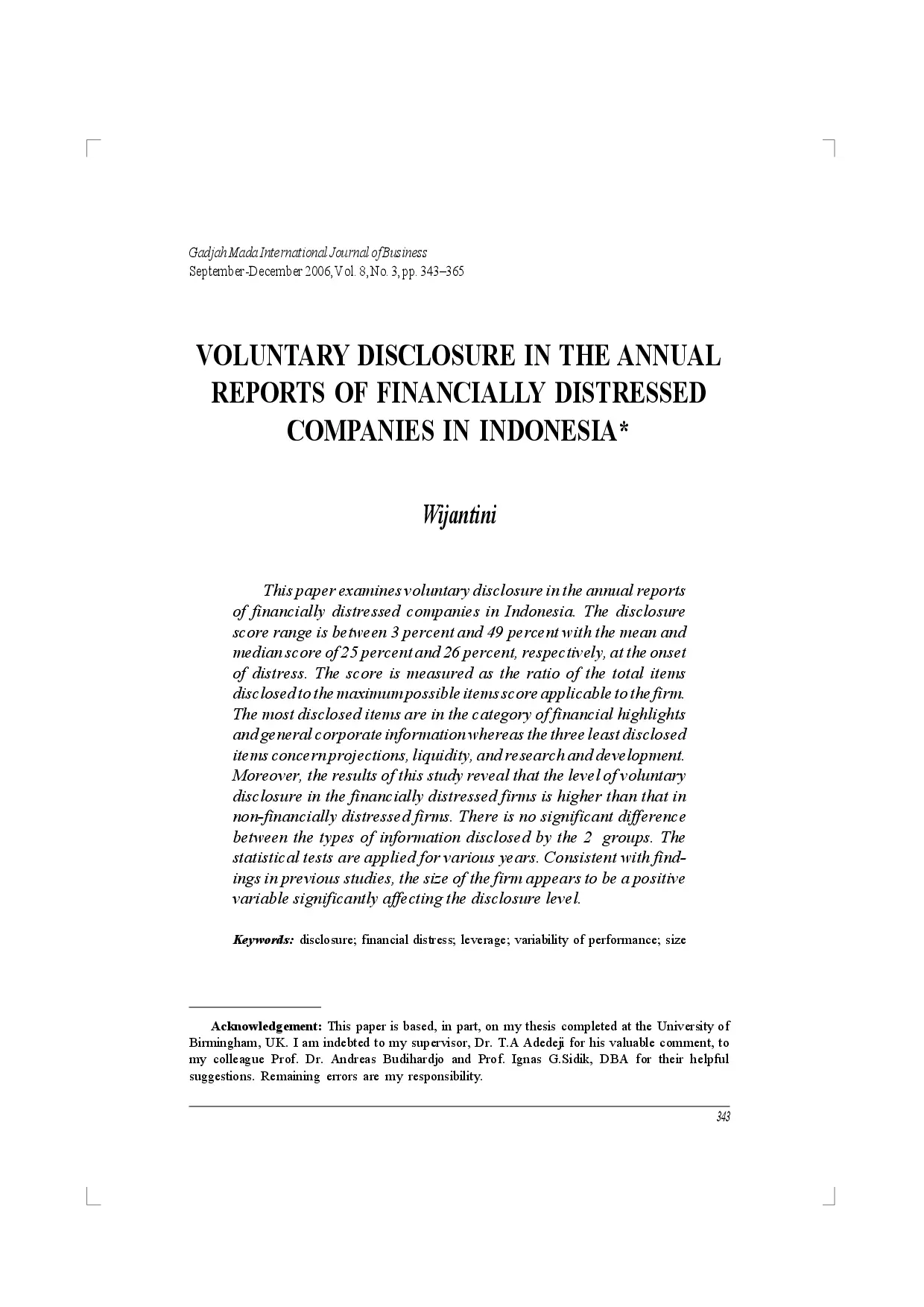 juris Voluntary Disclosure in the Annual Reports of Financially Distressed Companies in Indonesia