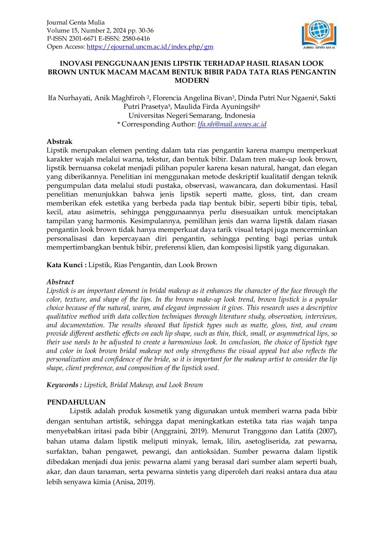 JURIS Inovasi Penggunaan Jenis Lipstik Terhadap Hasil Riasan Look Brown Untuk Macam Macam Bentuk Bibir Pada Tata Rias Pengantin Modern