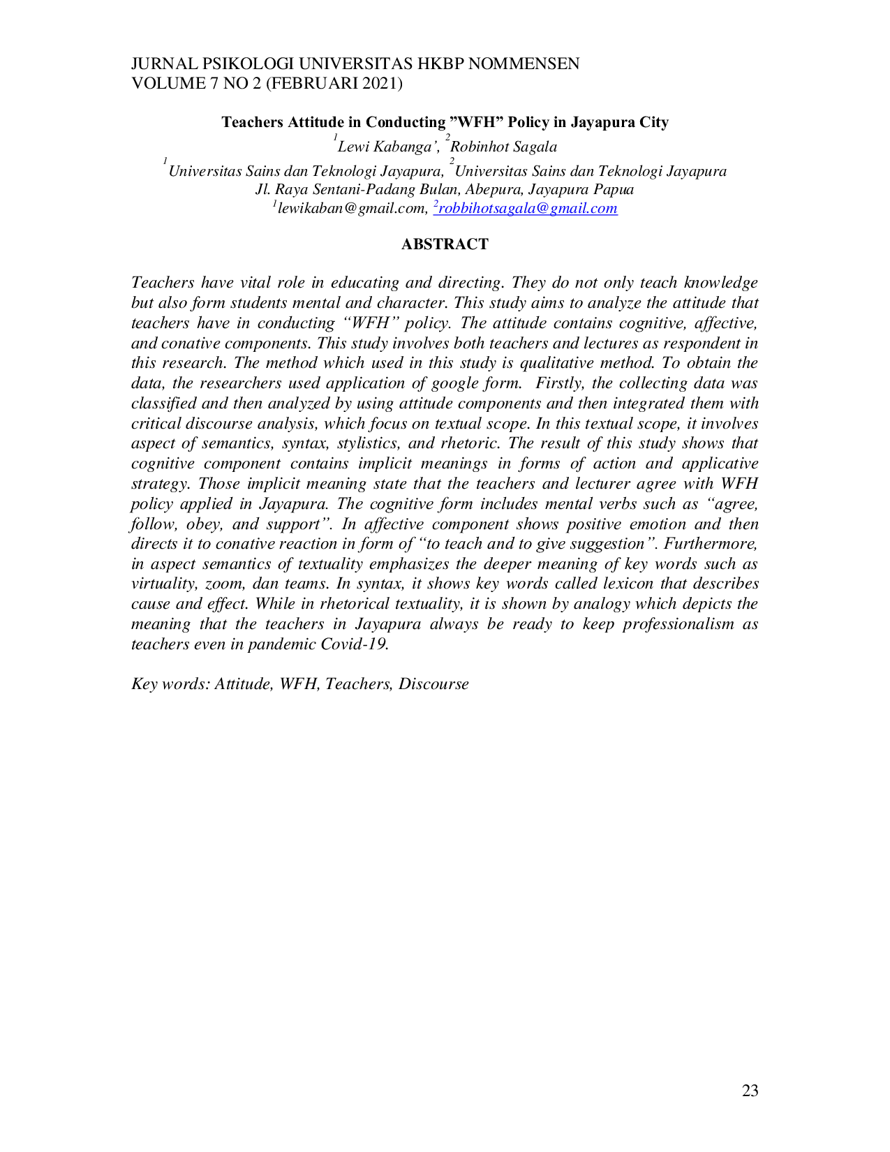 JURIS Teachers Attitude In Conducting Wfh Policy In Jayapura City