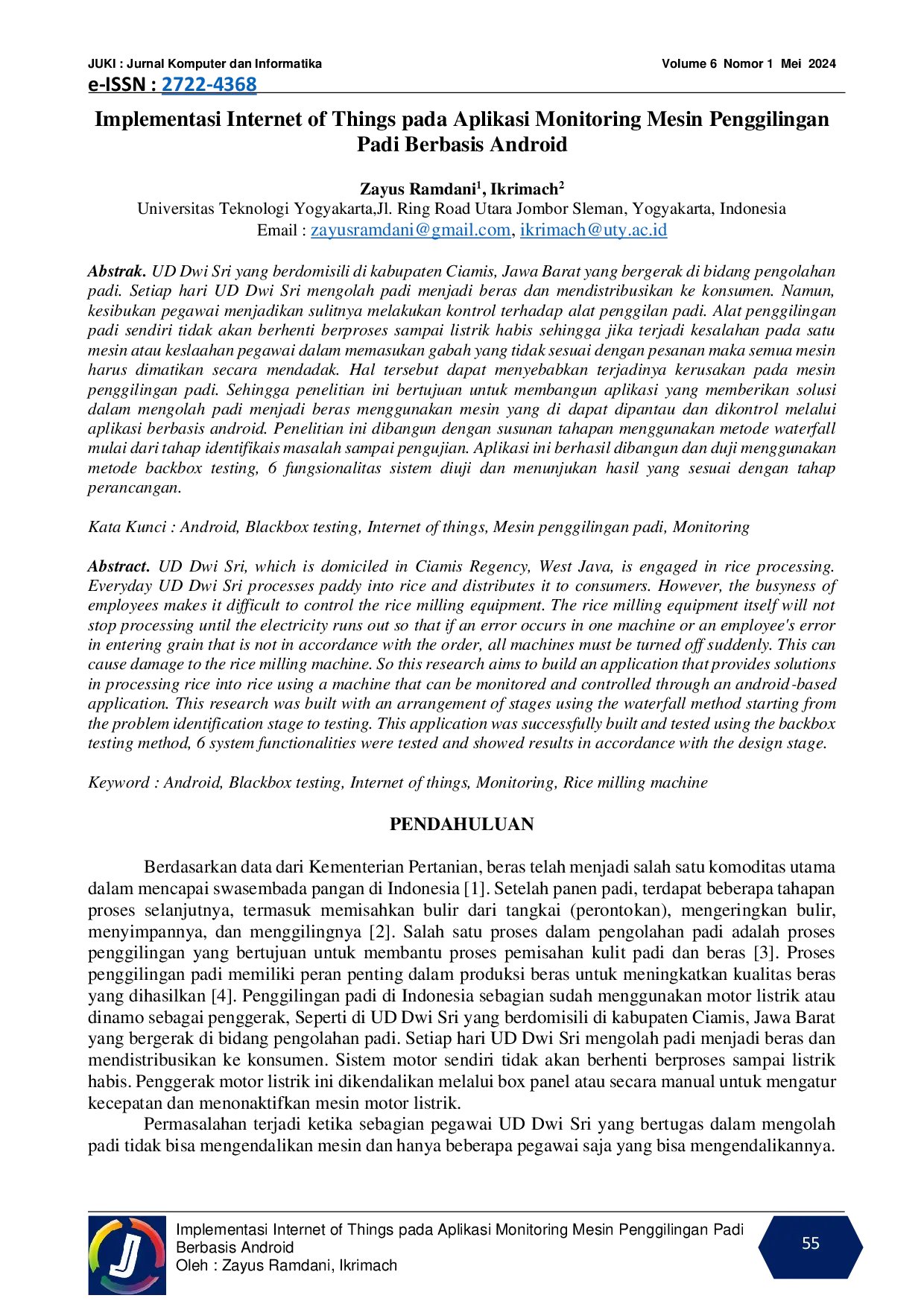 JURIS Implementasi Internet of Things pada Aplikasi Monitoring Mesin Penggilingan Padi Berbasis Android