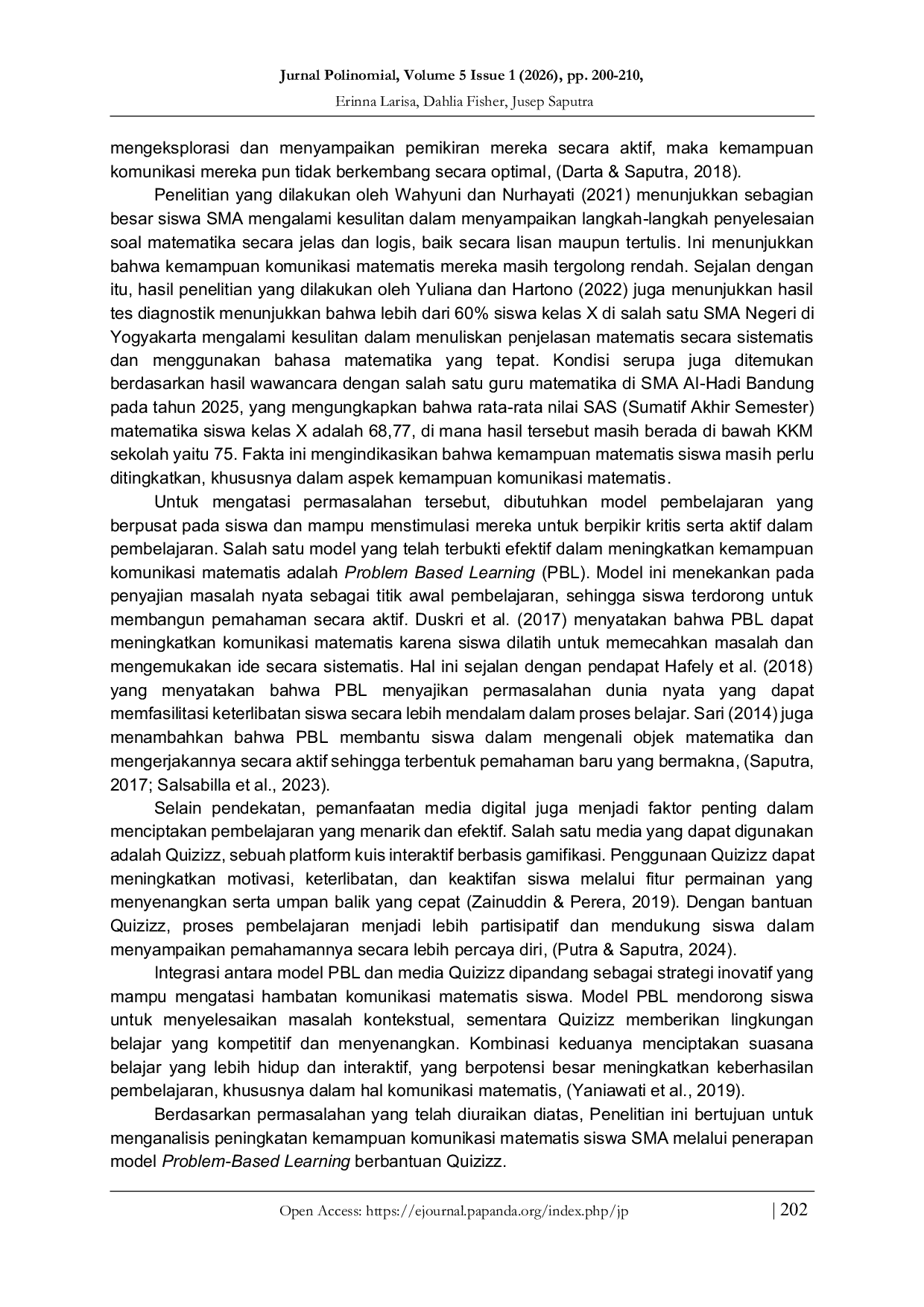 JURIS Peningkatan Kemampuan Komunikasi Matematis Siswa SMA Melalui Model Problem based Learning Berbantuan Quizizz