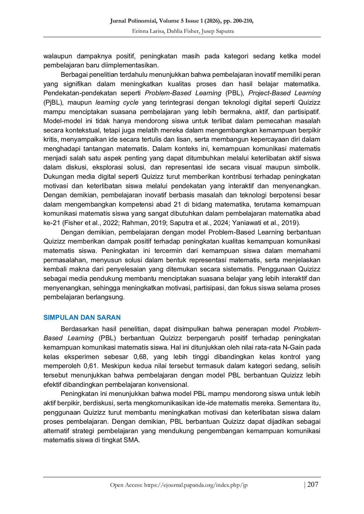 JURIS Peningkatan Kemampuan Komunikasi Matematis Siswa SMA Melalui Model Problem based Learning Berbantuan Quizizz