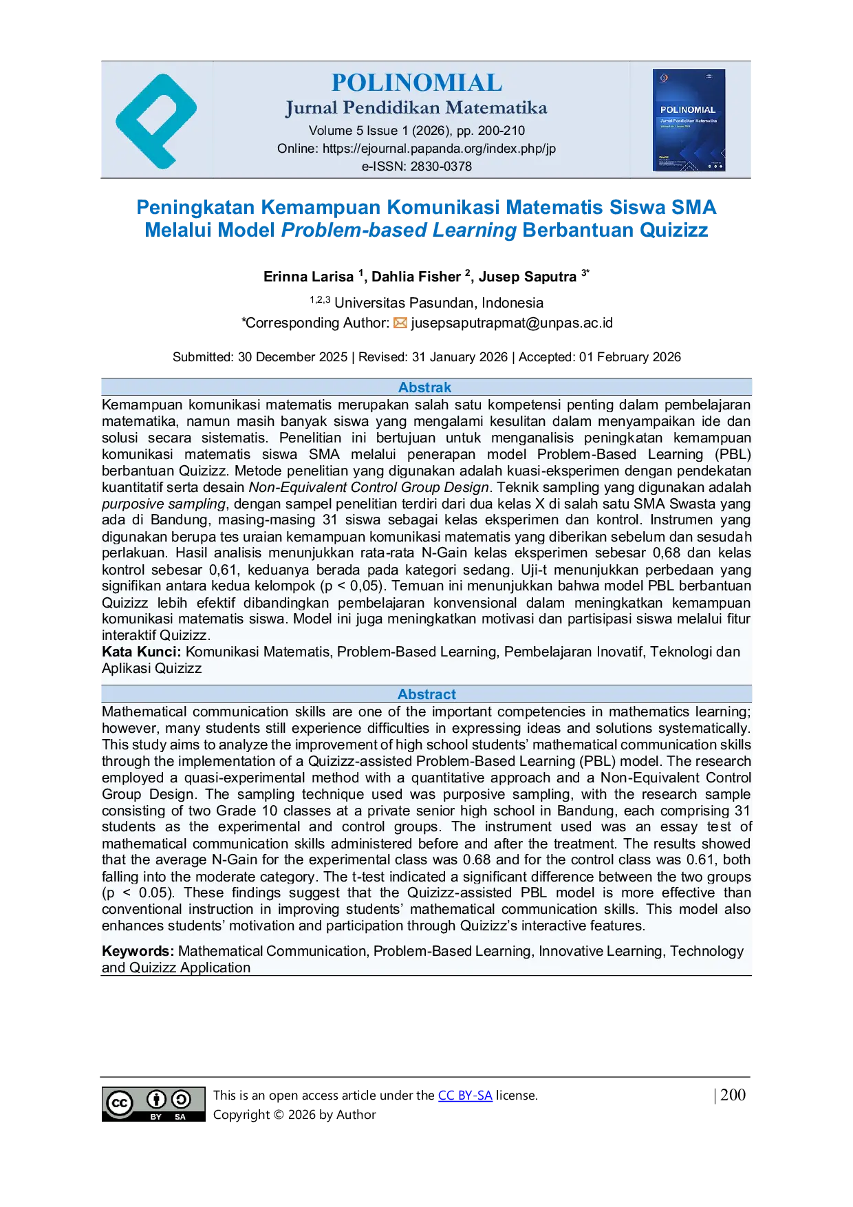 JURIS Peningkatan Kemampuan Komunikasi Matematis Siswa SMA Melalui Model Problem based Learning Berbantuan Quizizz