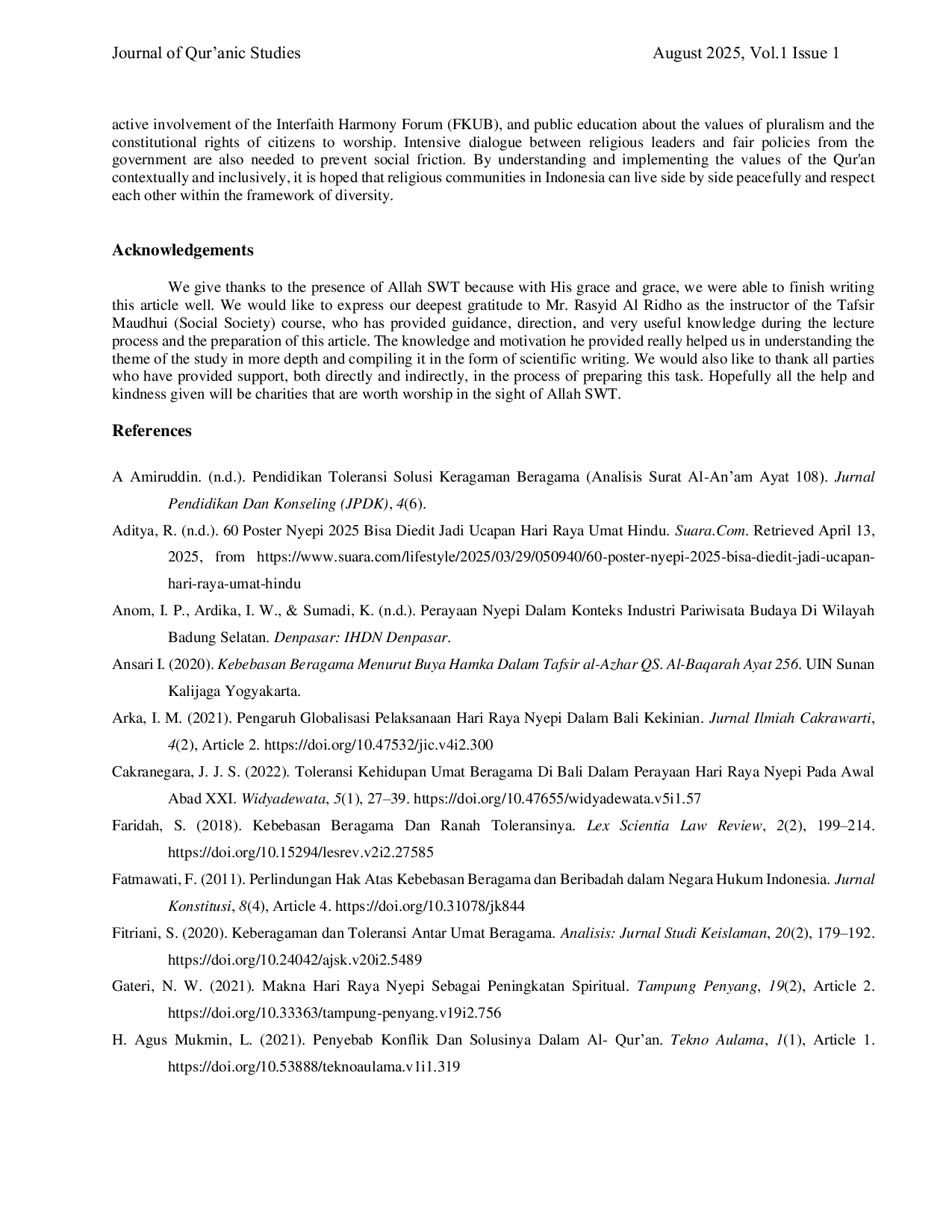 JURIS Building Tolerance Between Religious Communities Problems of Nyepi and the Construction of Places of Worship from the Perspective of the Qur an