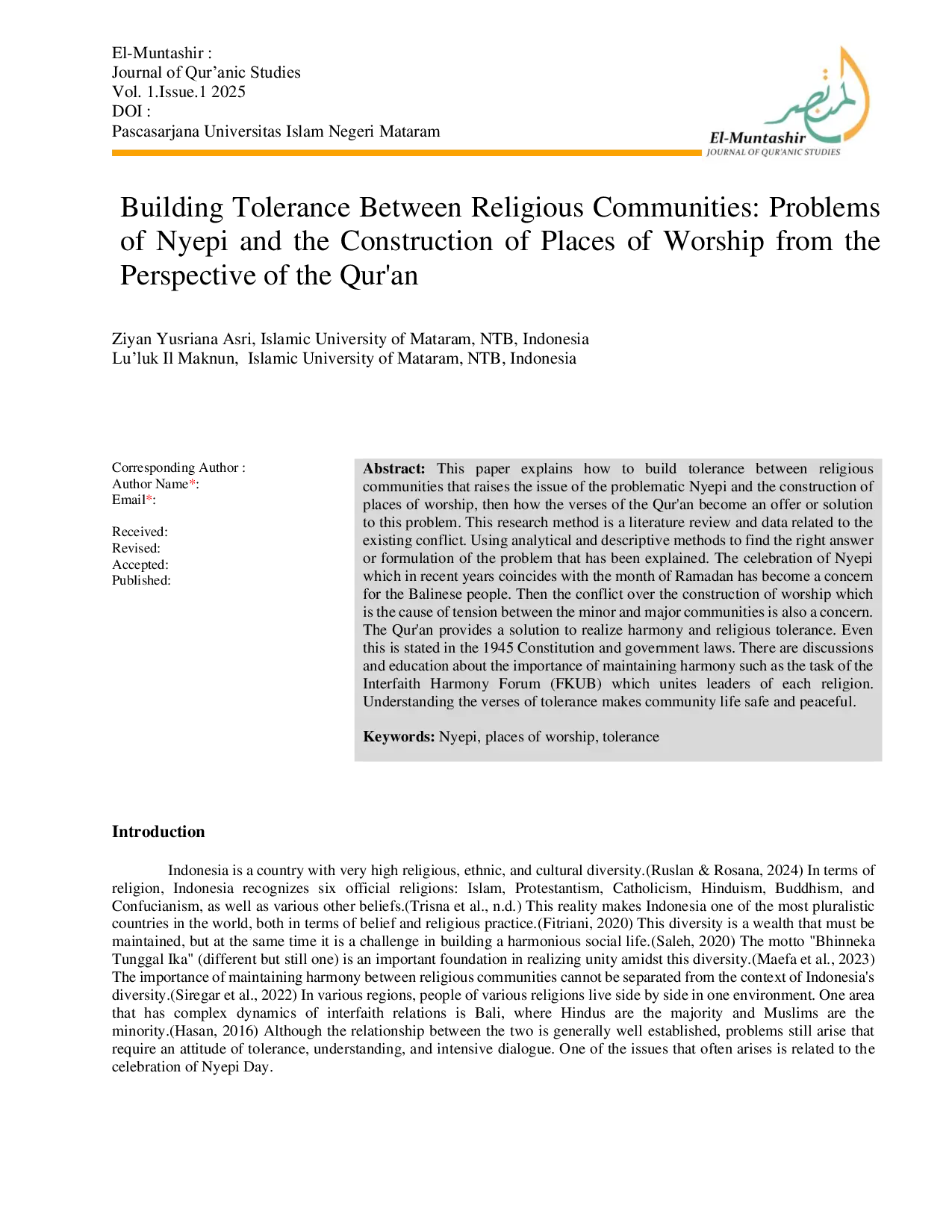 JURIS Building Tolerance Between Religious Communities Problems of Nyepi and the Construction of Places of Worship from the Perspective of the Qur an