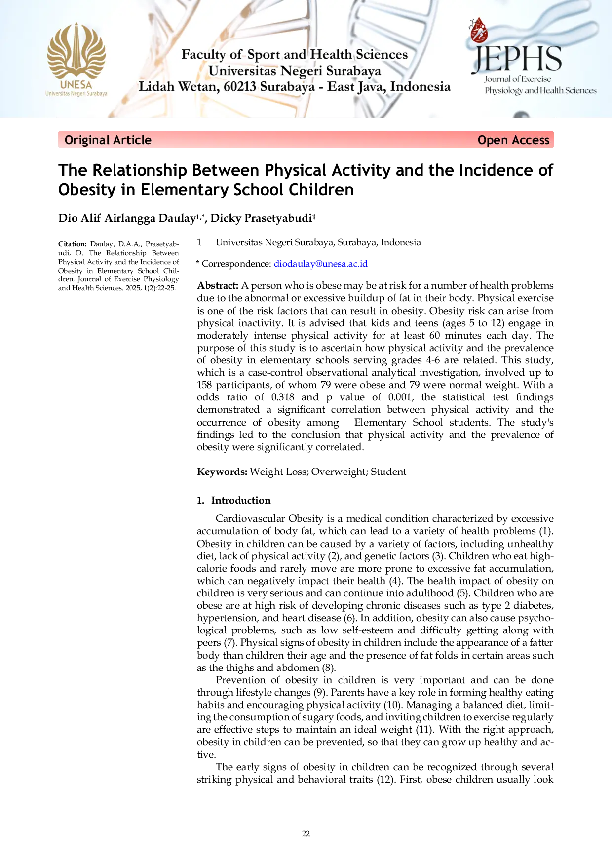 JURIS The Relationship Between Physical Activity and the Incidence of Obesity in Elementary School Children
