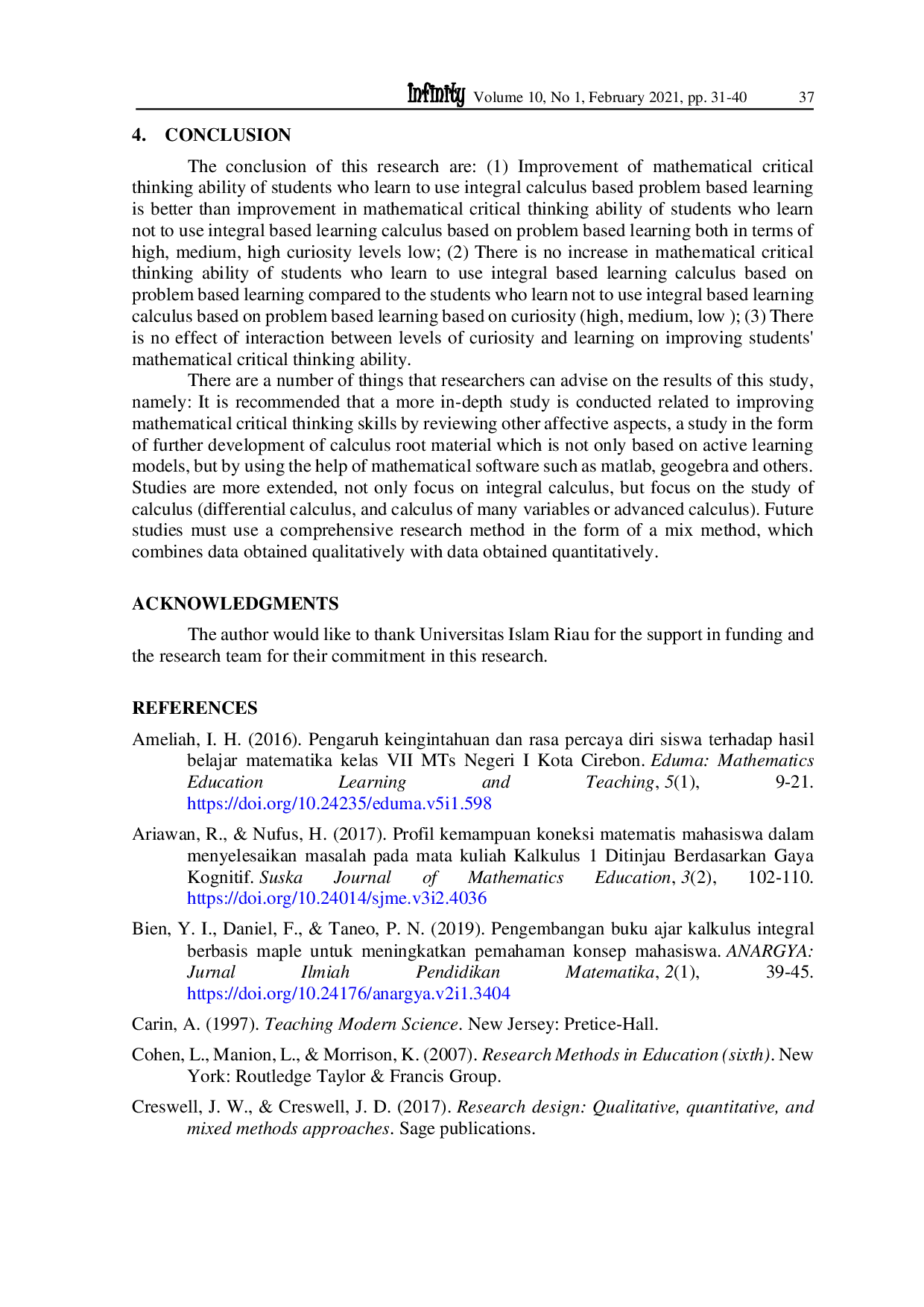 juris Students Mathematical Thinking Skill Viewed From Curiosity Through Problem Based Learning Model On Integral Calculus