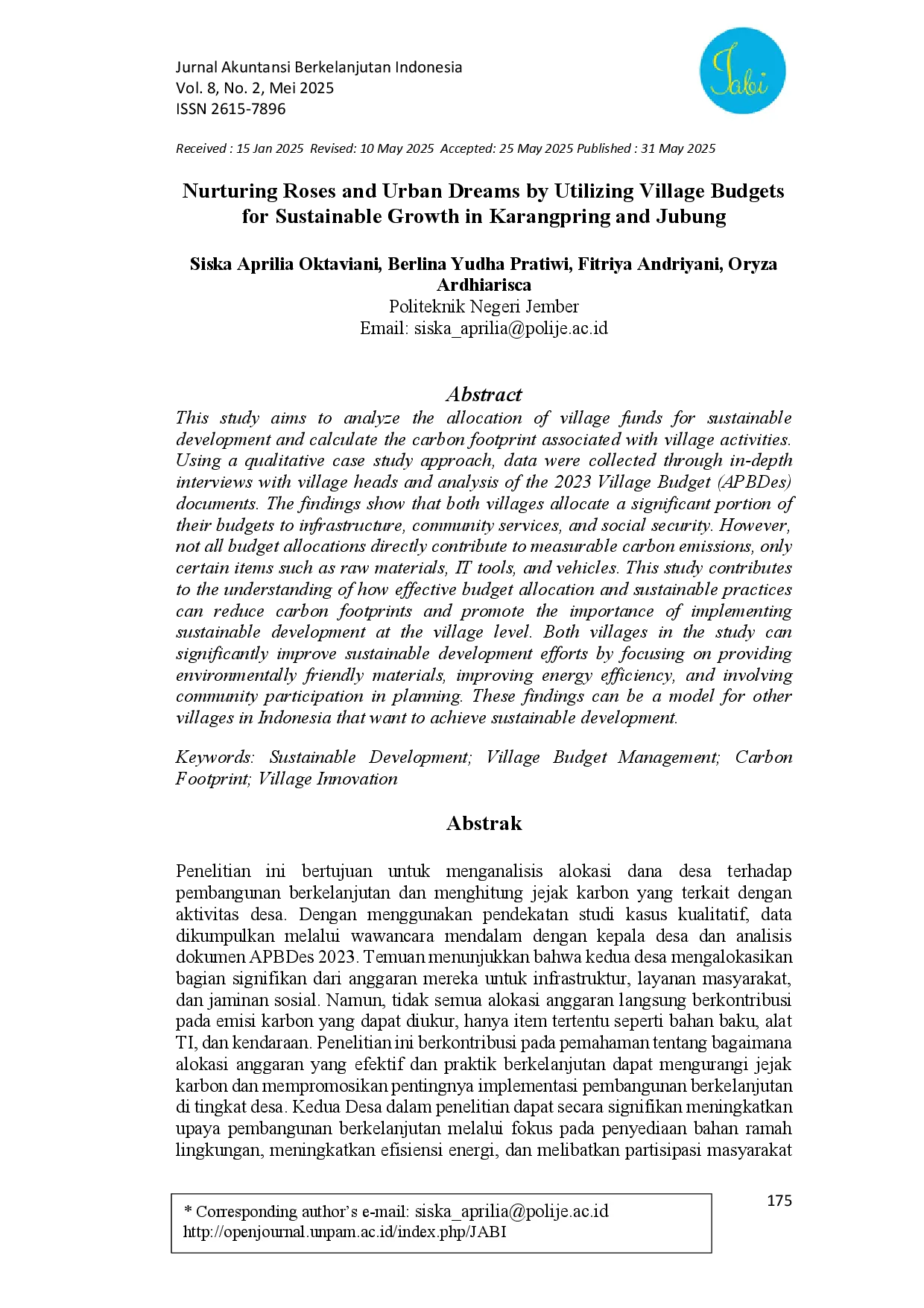 juris Nurturing Roses and Urban Dreams by Utilizing Village Budgets for Sustainable Growth in Karangpring and Jubung