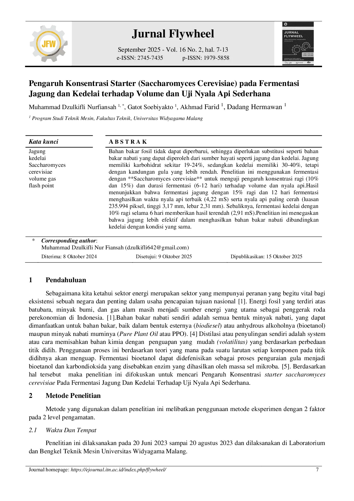 JURIS Pengaruh Konsentrasi Starter Saccharomyces Cerevisiae pada Fermentasi Jagung dan Kedelai terhadap Volume dan Uji Nyala Api Sederhana