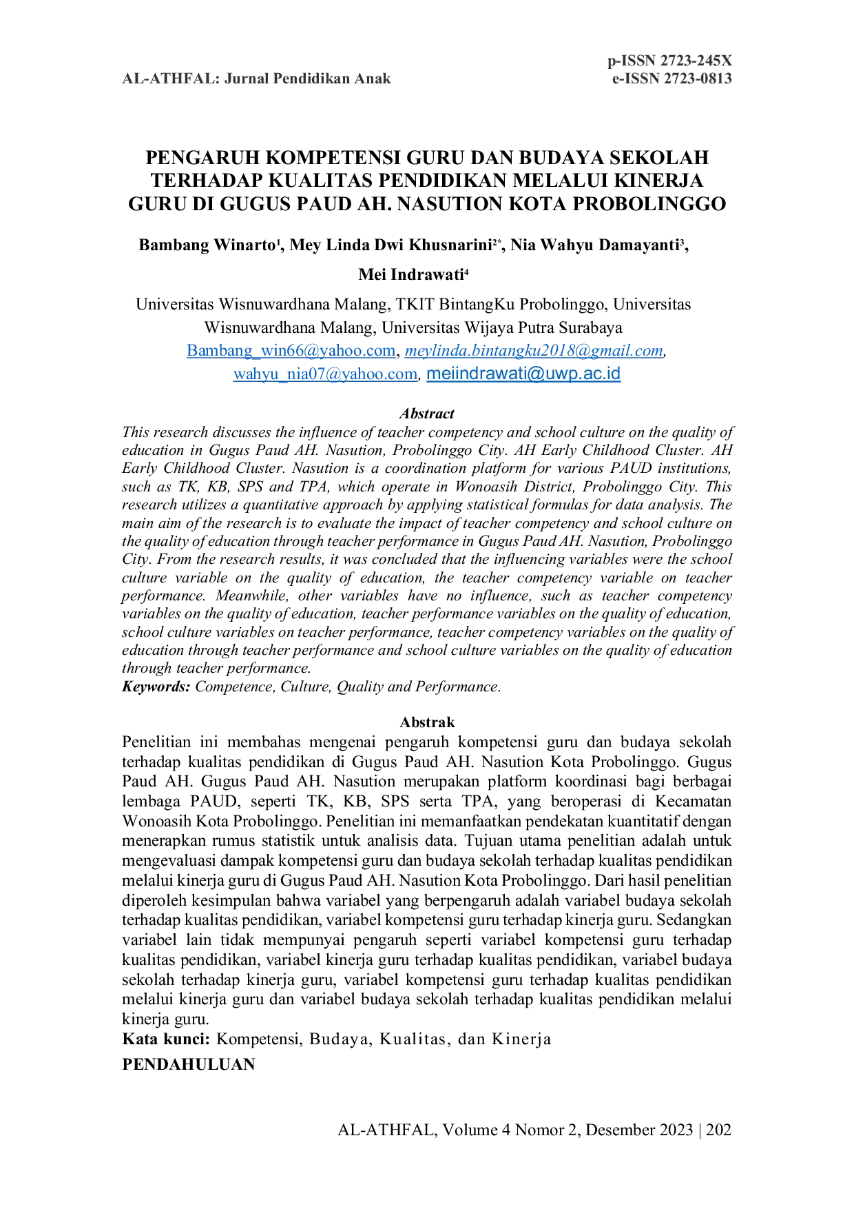 JURIS Pengaruh Kompetensi Guru Dan Budaya Sekolah Terhadap Kualitas Pendidikan Melalui Kinerja Guru Di Gugus Paud Ah Nasution Kota Probolinggo