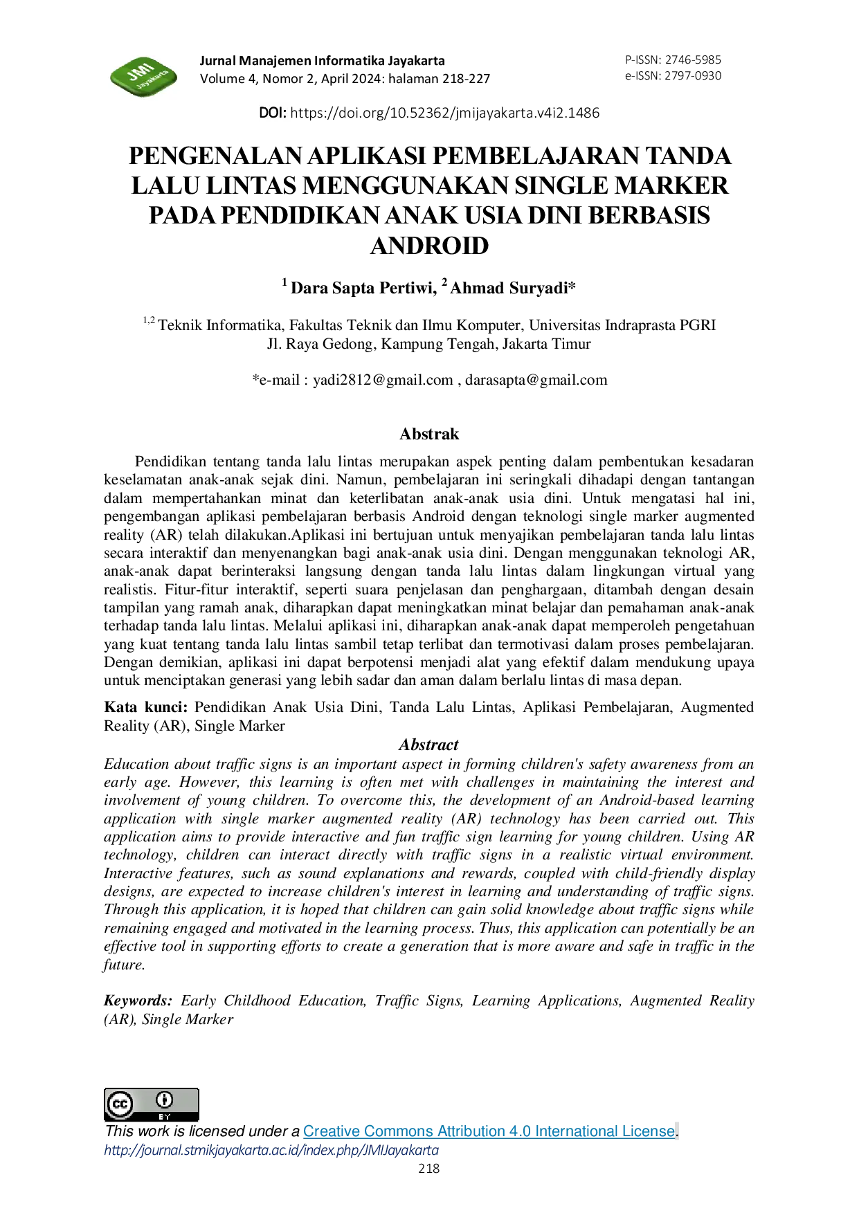 JURIS Pengenalan Aplikasi Pembelajaran Tanda Lalu Lintas Menggunakan Single Marker Pada Pendidikan Anak Usia Dini Berbasis Android