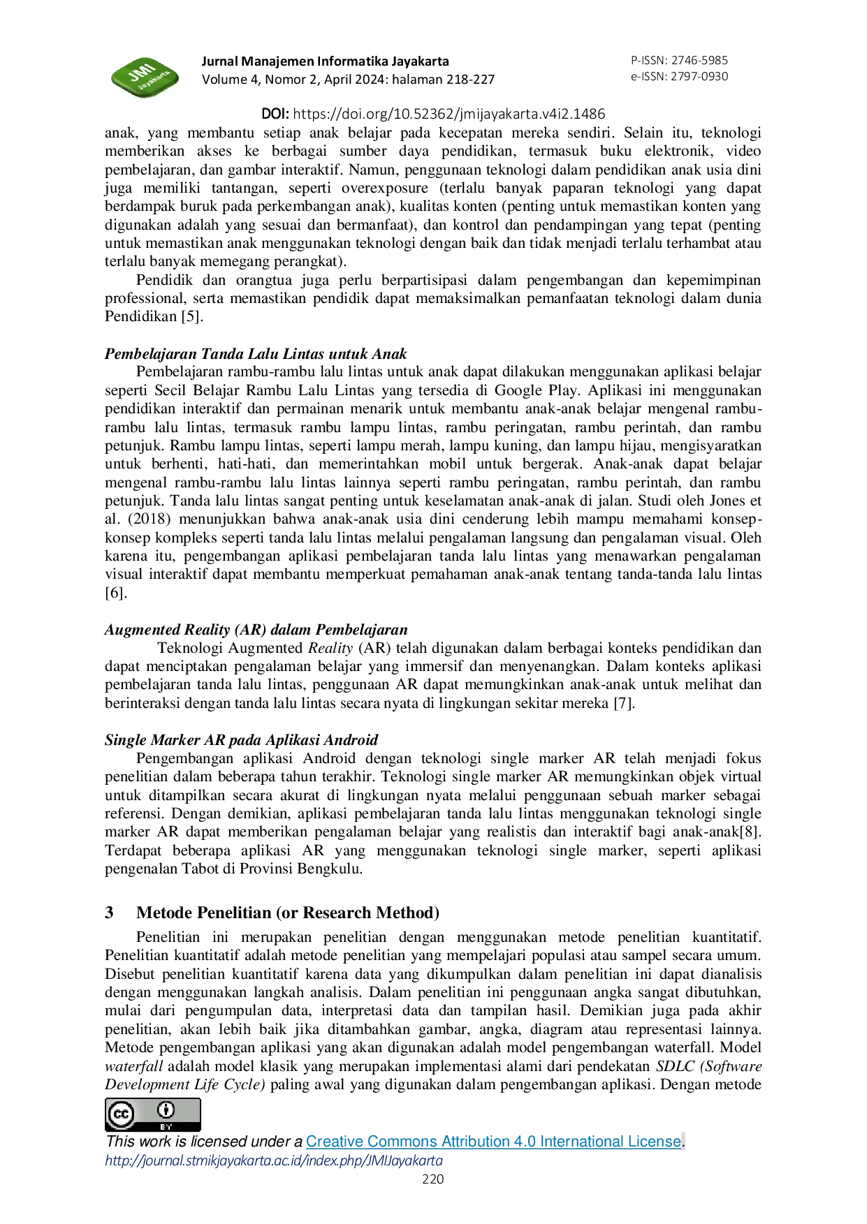 JURIS Pengenalan Aplikasi Pembelajaran Tanda Lalu Lintas Menggunakan Single Marker Pada Pendidikan Anak Usia Dini Berbasis Android