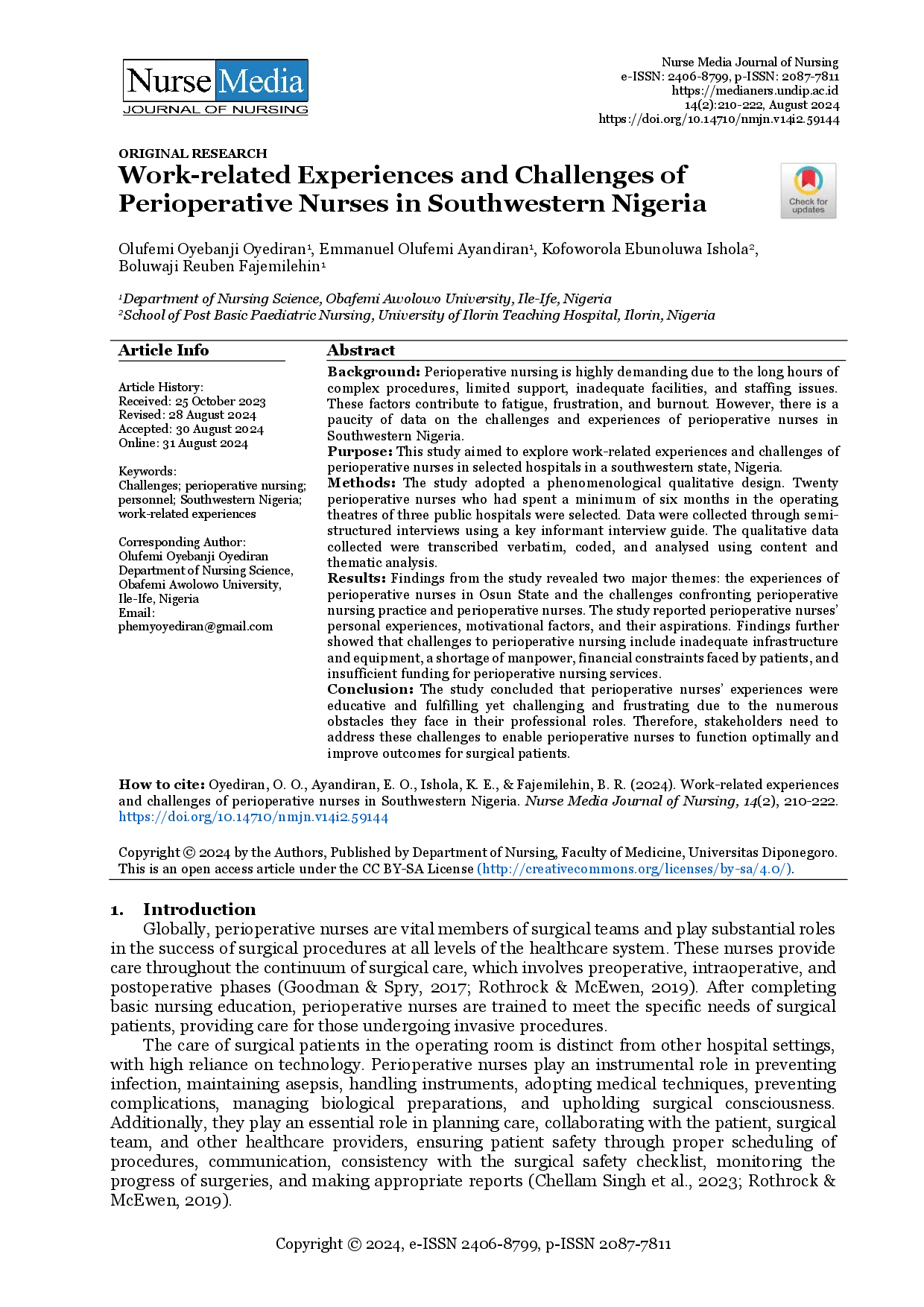 juris Work related Experiences and Challenges of Perioperative Nurses in Southwestern Nigeria