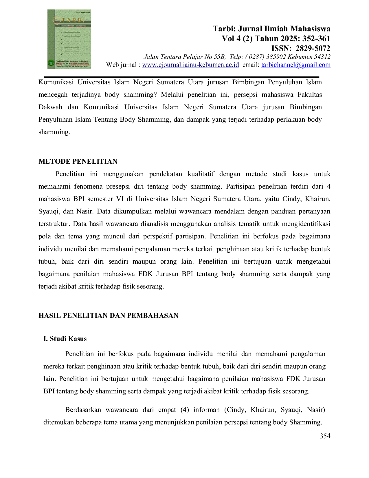 JURIS Penilaian Persepsi Diri Tentang Body Shamming Di Kalangan Mahasiswa Universitas Islam Negeri Sumatera Utara Fakultas Dakwah Dan Komunikasi Jurusan Bimbingan Penyuluhan Islam
