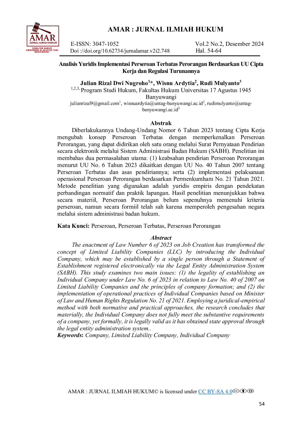 JURIS Analisis Yuridis Implementasi Perseroan Terbatas Perorangan Berdasarkan UU Cipta Kerja dan Regulasi Turunannya