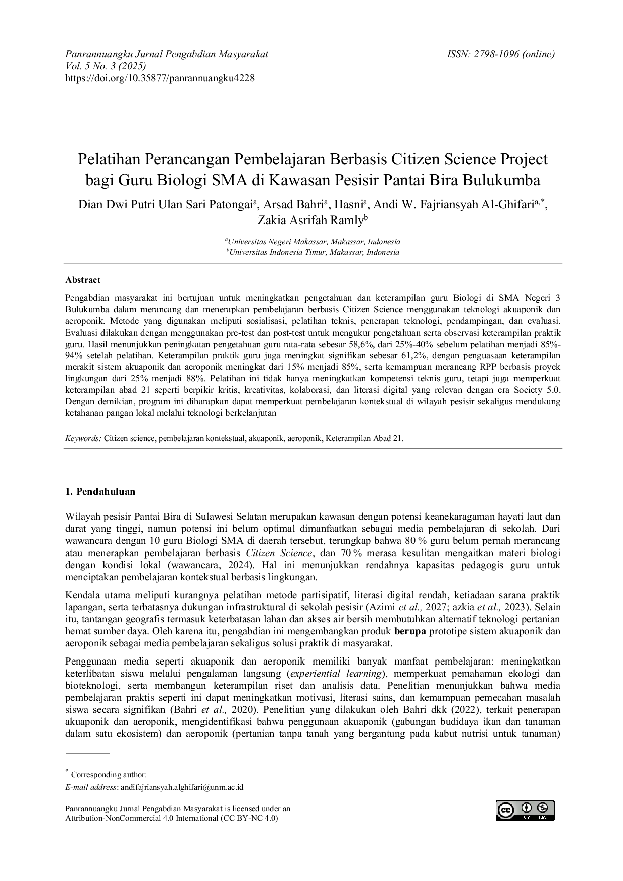 JURIS Training on Designing Learning Based on Citizen Science Projects for High School Biology Teachers in the Coastal Area of Bira Beach Bulukumba Pelatihan Perancangan Pembelajaran Berbasis Citizen Scie