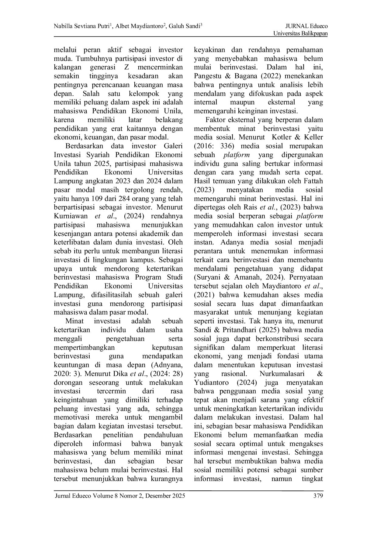 JURIS Pengaruh Media Sosial Edukasi Sekolah Pasar Modal Dan Self Efficacy Terhadap Minat Berinvestasi Mahasiswa Pendidikan Ekonomi Universitas Lampung