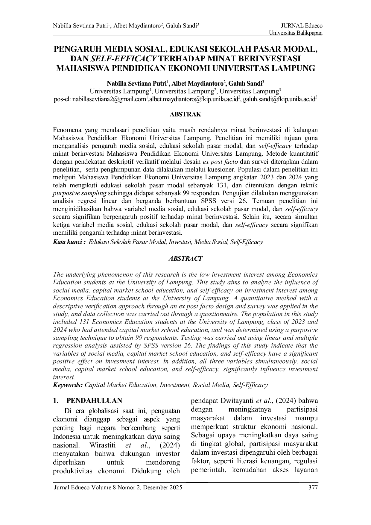 JURIS Pengaruh Media Sosial Edukasi Sekolah Pasar Modal Dan Self Efficacy Terhadap Minat Berinvestasi Mahasiswa Pendidikan Ekonomi Universitas Lampung