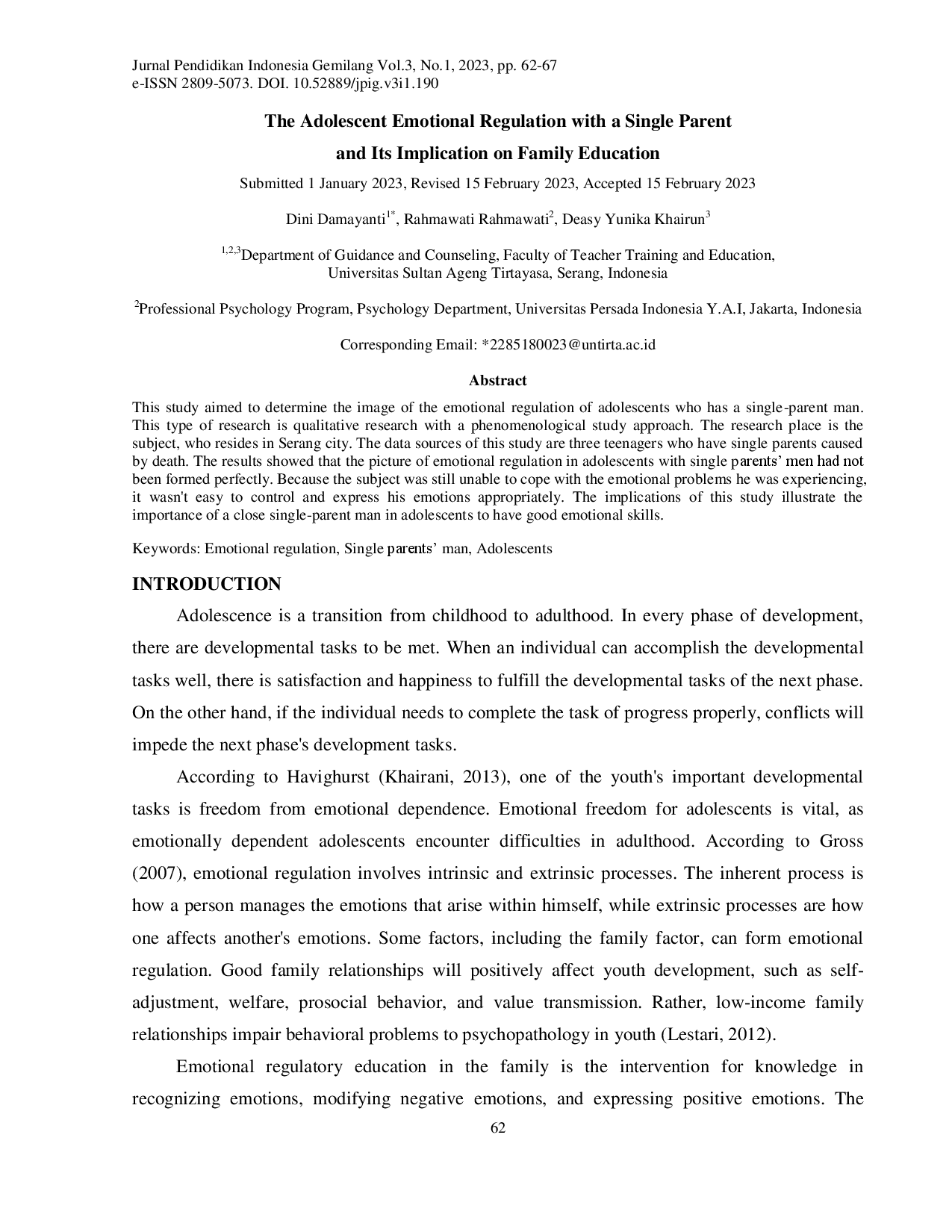 juris The Adolescent Emotional Regulation with a Single Parent and Its Implication on Family Education