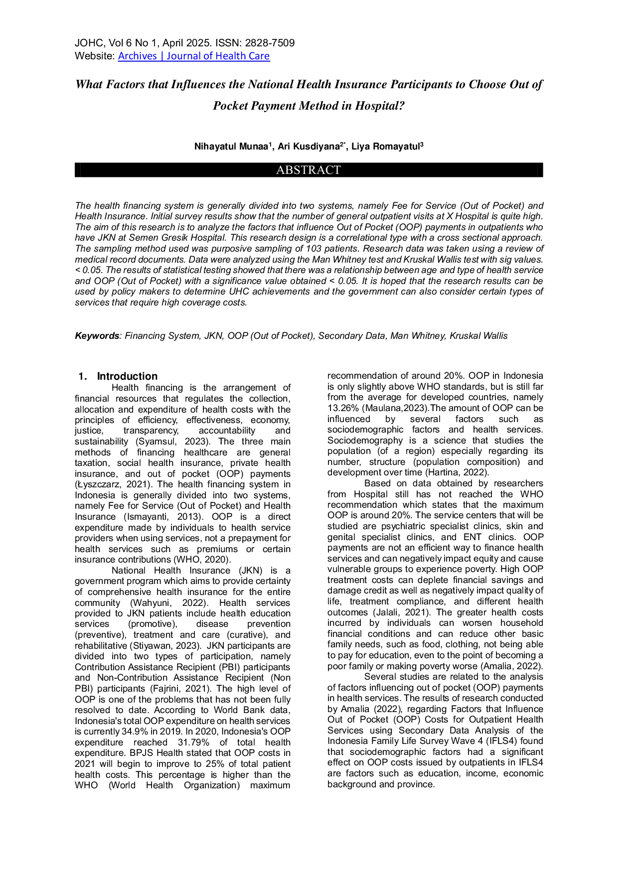 JURIS What Factors that Influences the National Health Insurance Participants to Choose Out of Pocket Payment Method in Hospital