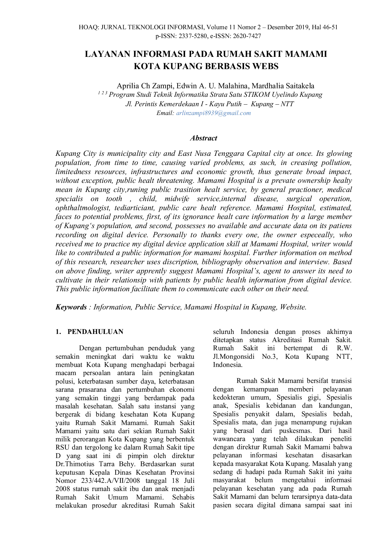 JURIS Layanan Informasi Pada Rumah Sakit Mamami Kota Kupang Berbasis Web