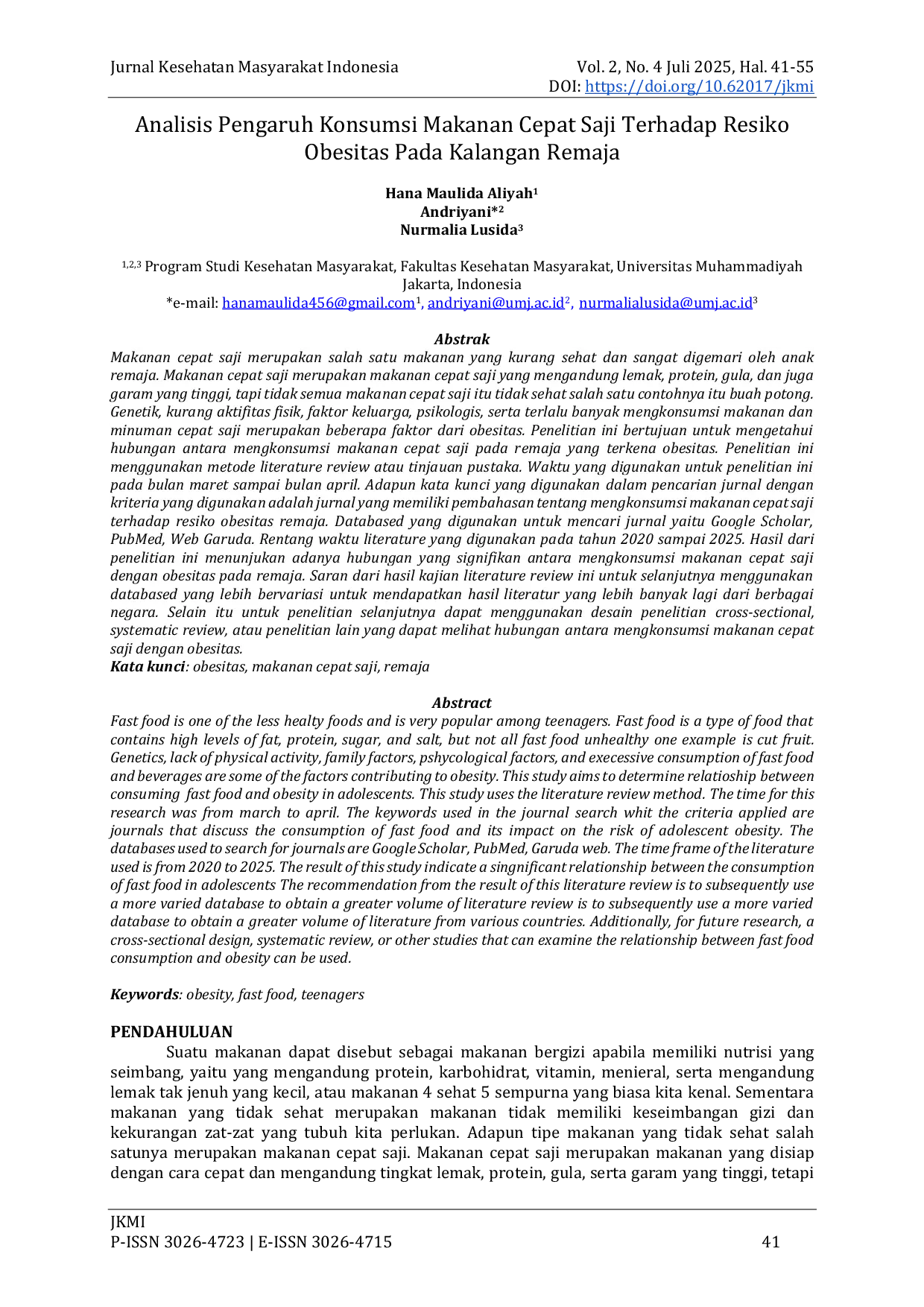 JURIS Analisis Pengaruh Konsumsi Makanan Cepat Saji Terhadap Resiko Obesitas Pada Kalangan Remaja