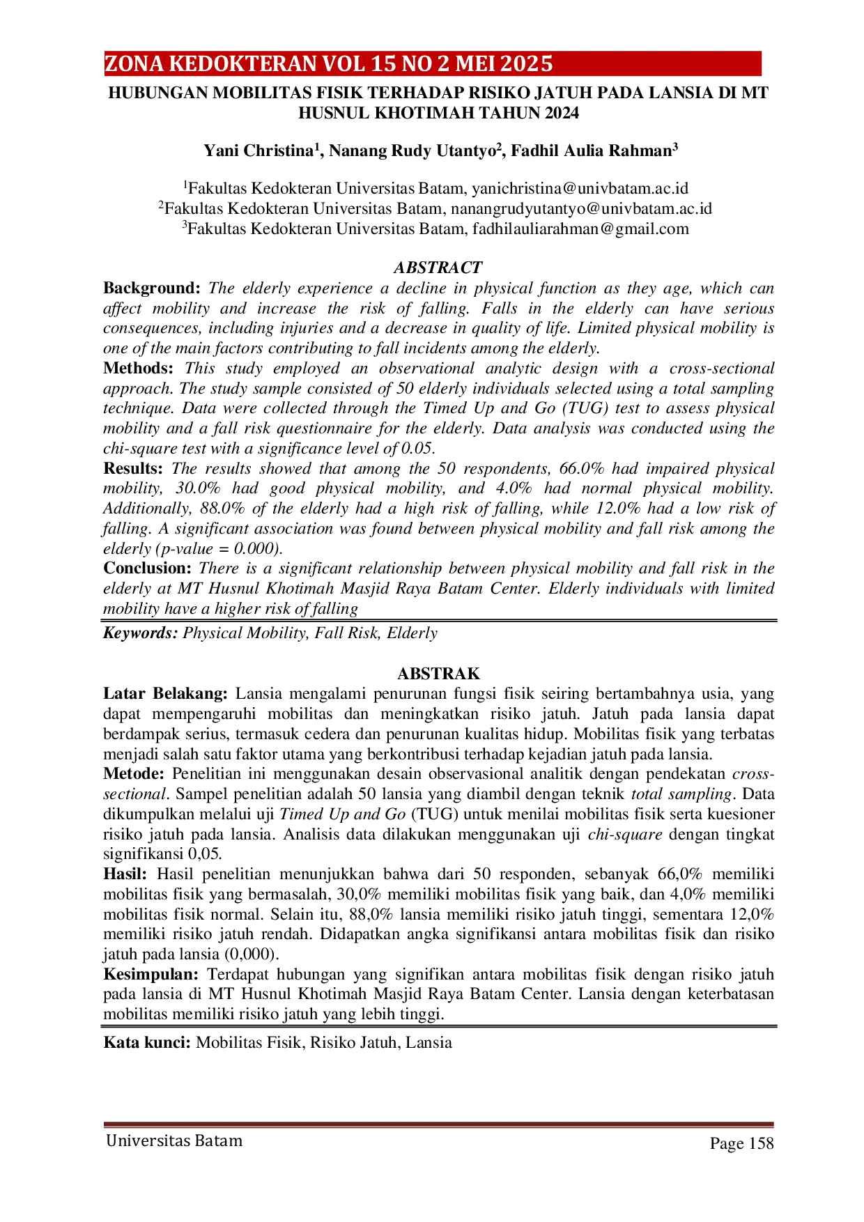 JURIS Hubungan Mobilitas Fisik Terhadap Risiko Jatuh Pada Lansia Di Mt Husnul Khotimah Tahun 2024