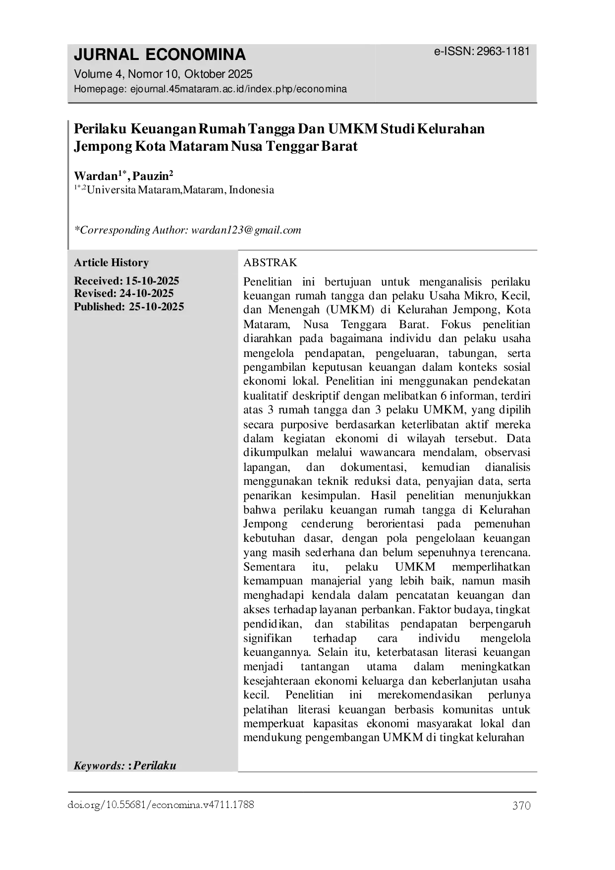JURIS Perilaku Keuangan Rumah Tangga Dan UMKM Studi Kelurahan Jempong Kota Mataram Nusa Tenggar Barat