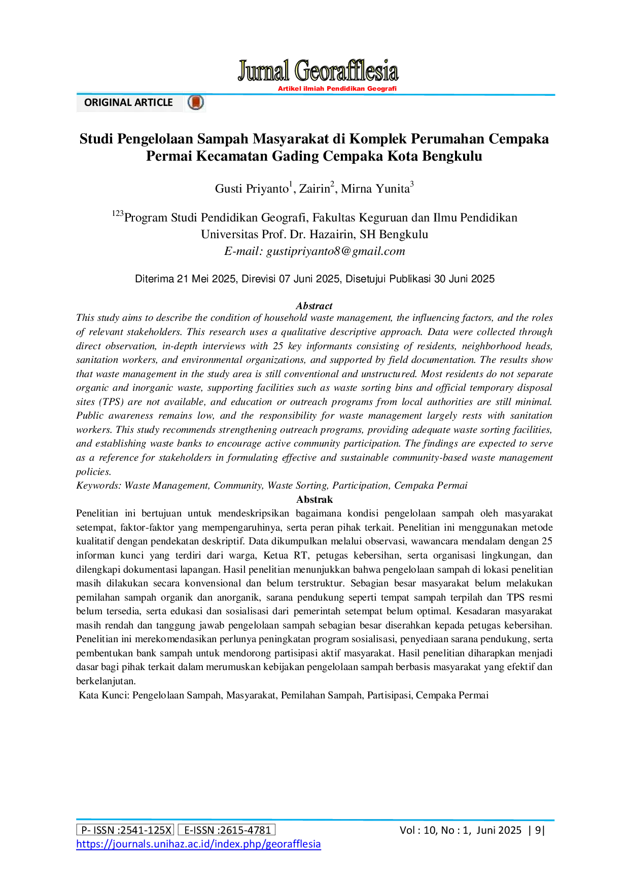 JURIS Studi Pengelolaan Sampah Masyarakat di Komplek Perumahan CempakaPermai Kecamatan Gading Cempaka Kota Bengkulu