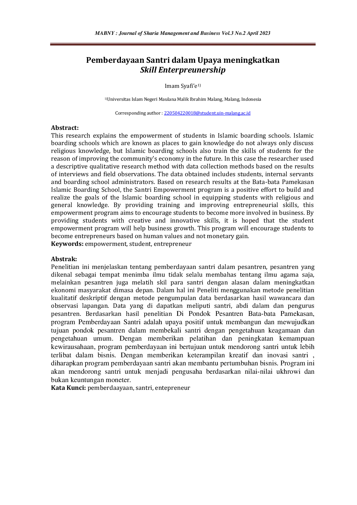 JURIS Pemberdayaan Santri dalam Upaya meningkatkan Skill Enterpreunership