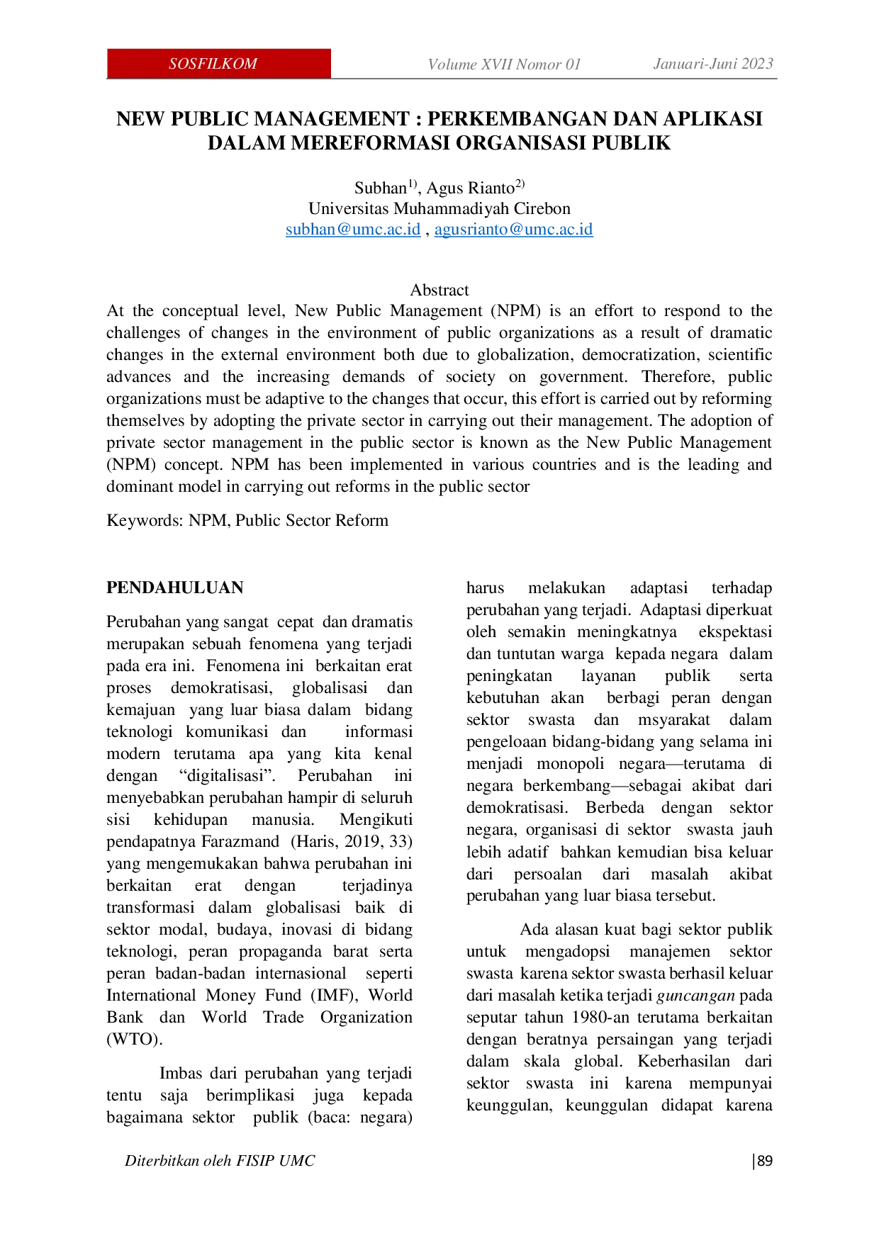 JURIS New Public Management Perkembangan dan Aplikasi dalam Mereformasi Organisasi Publik