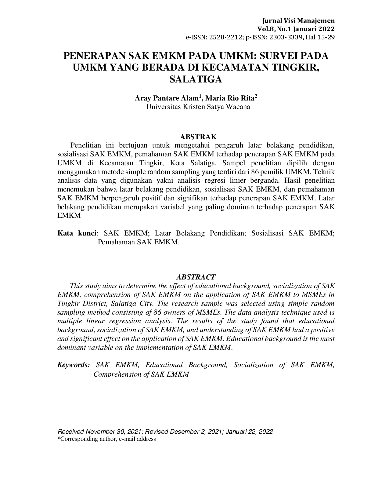 juris Penerapan Sak Emkm Pada Umkm Survei Pada Umkm Yang Berada Di Kecamatan Tingkir Salatiga