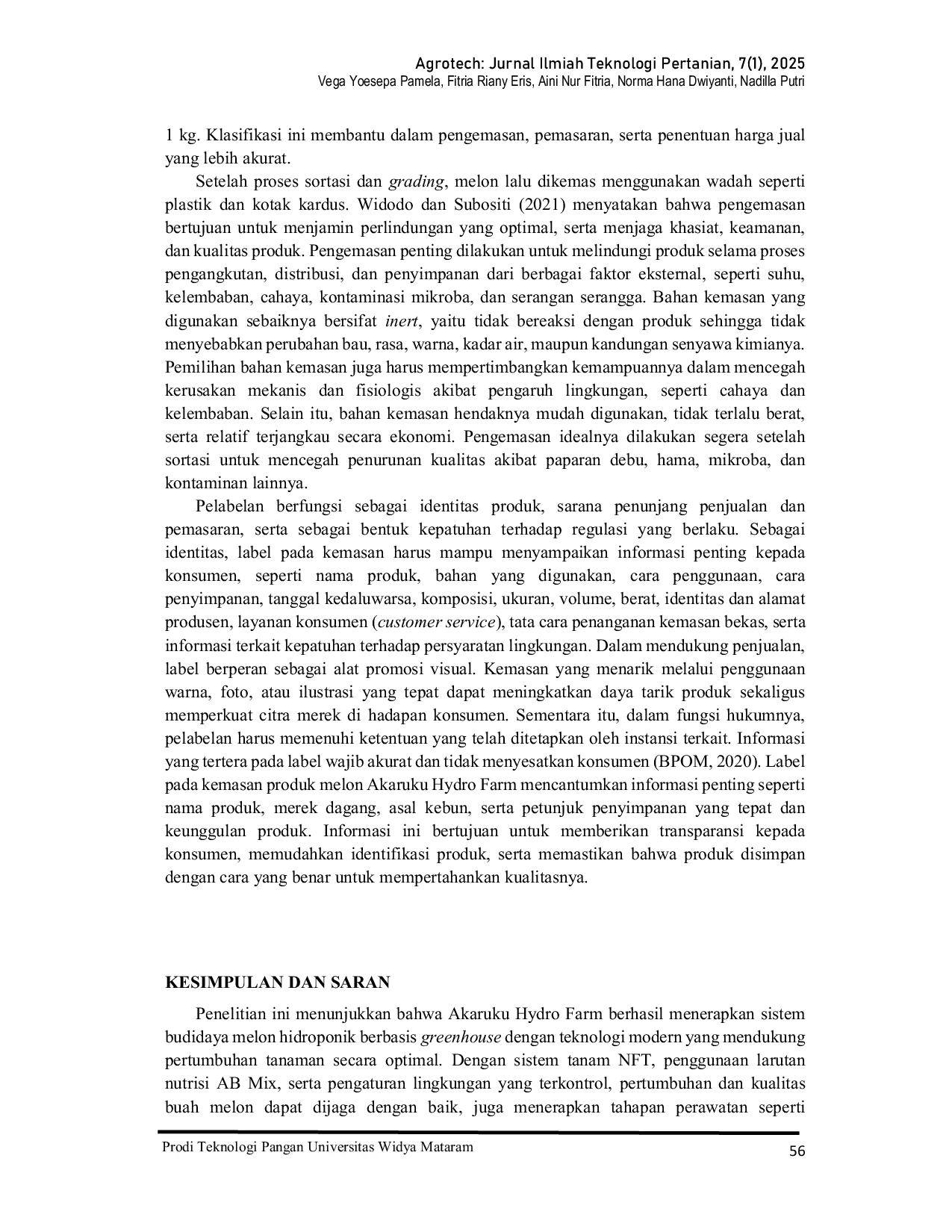 JURIS Analisis Budidaya dan Pascapanen Melon Hidroponik di Akaruku Hydro Farm Berbasis Greenhouse