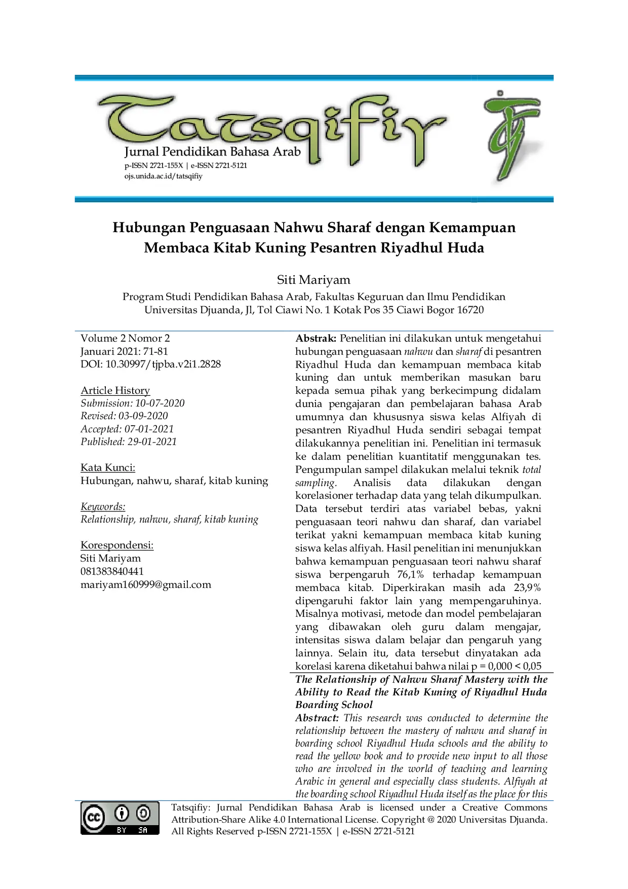JURIS Hubungan Penguasaan Nahwu Sharaf dengan Kemampuan Membaca Kitab Kuning Pesantren Riyadhul Huda