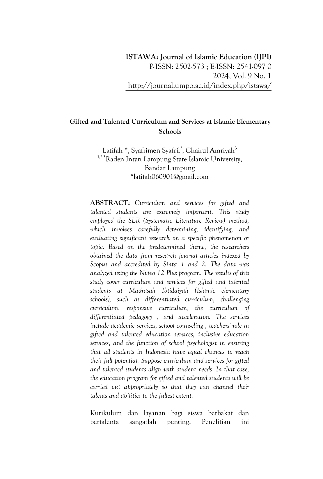 JURIS Gifted and Talented Curriculum and Services at Islamic Elementary Schools