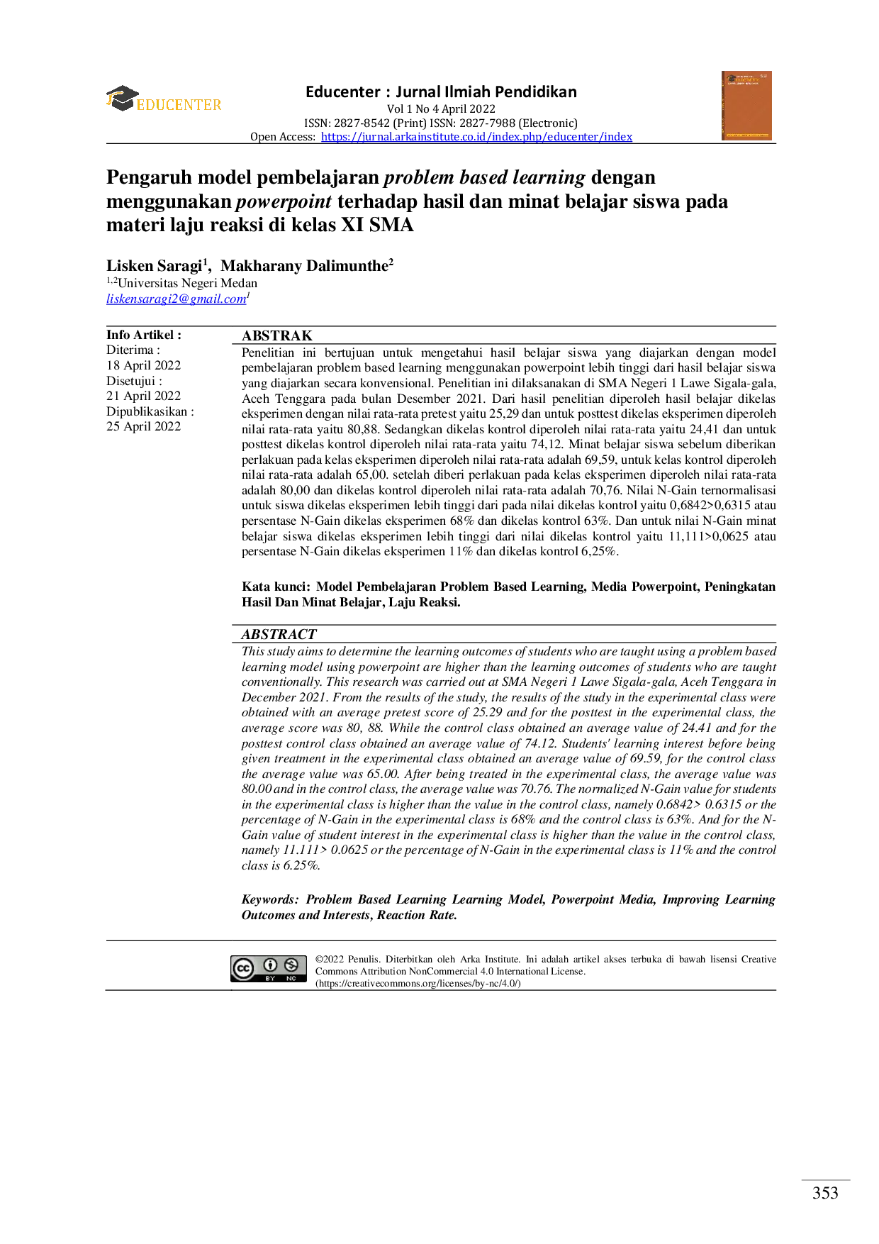 JURIS Pengaruh model pembelajaran problem based learning dengan menggunakan powerpoint terhadap hasil dan minat belajar siswa pada materi laju reaksi di kelas XI SMA