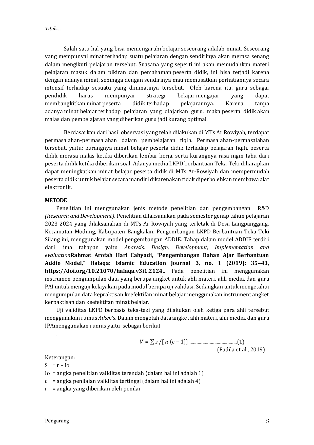 JURIS Pengembangan LKPD Berbantuan teka teki silang pada mata pelajaran fiqih untuk meningkatkan minat belajar peserta didik kelas VIII MTs Ar Rowiyah