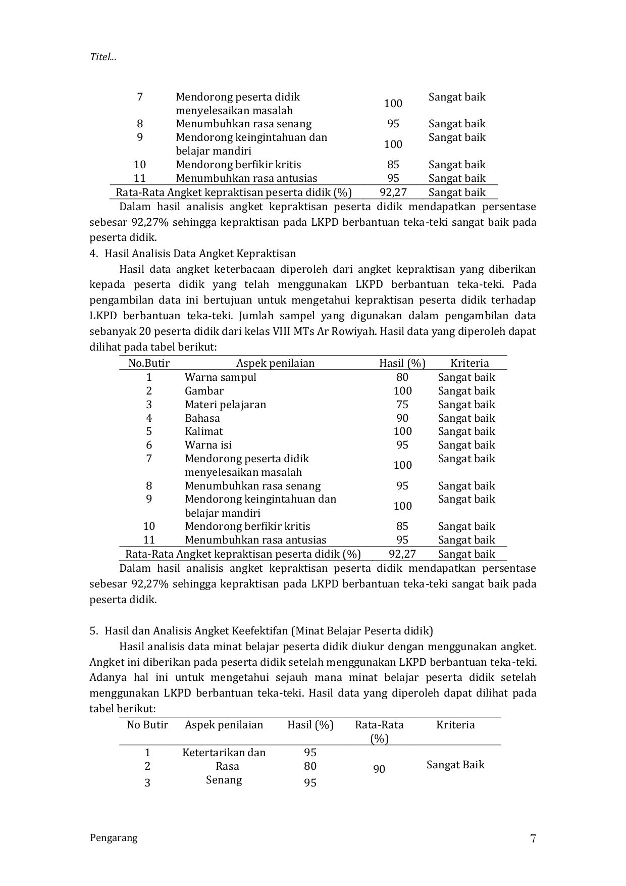 JURIS Pengembangan LKPD Berbantuan teka teki silang pada mata pelajaran fiqih untuk meningkatkan minat belajar peserta didik kelas VIII MTs Ar Rowiyah