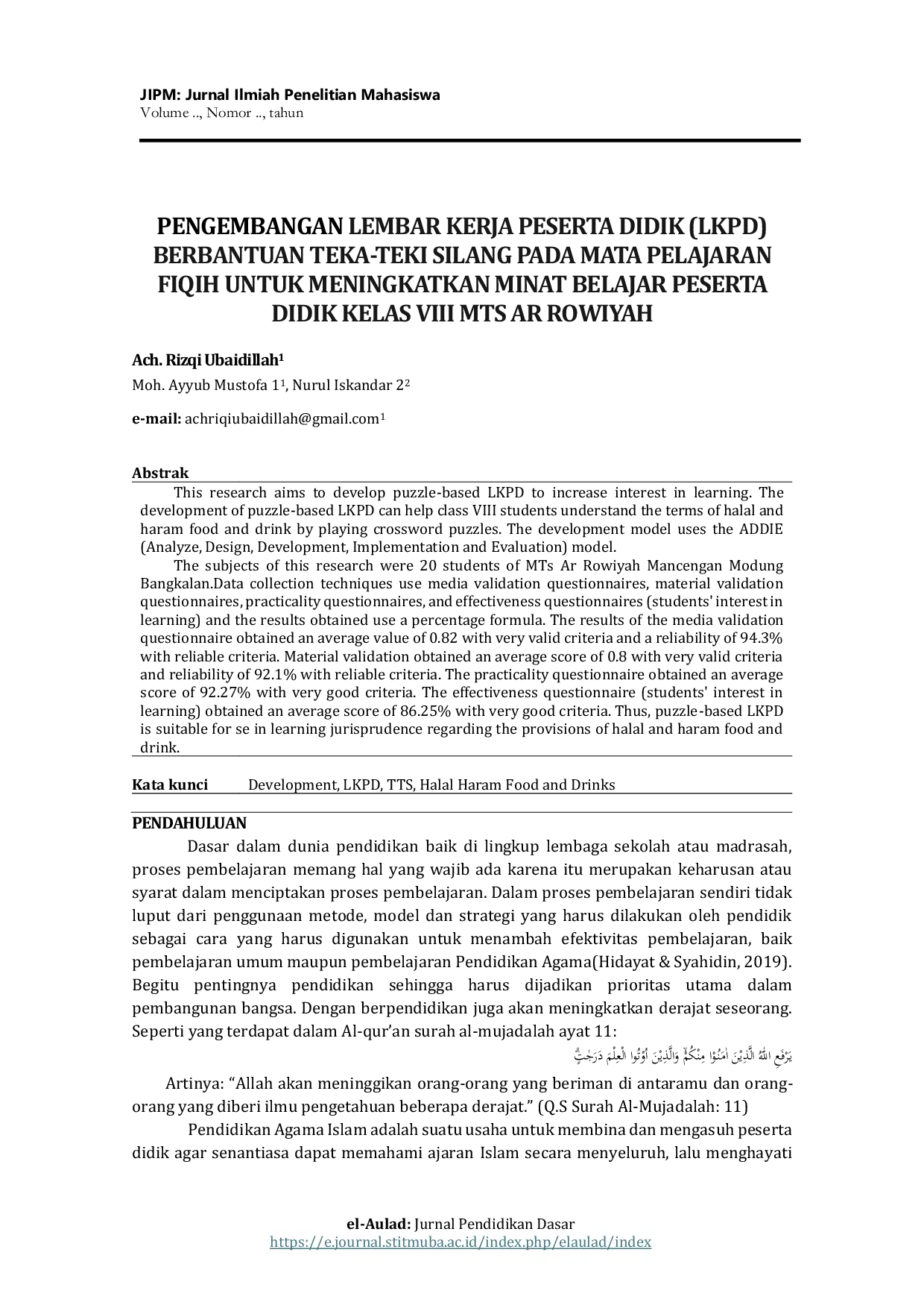 JURIS Pengembangan LKPD Berbantuan teka teki silang pada mata pelajaran fiqih untuk meningkatkan minat belajar peserta didik kelas VIII MTs Ar Rowiyah