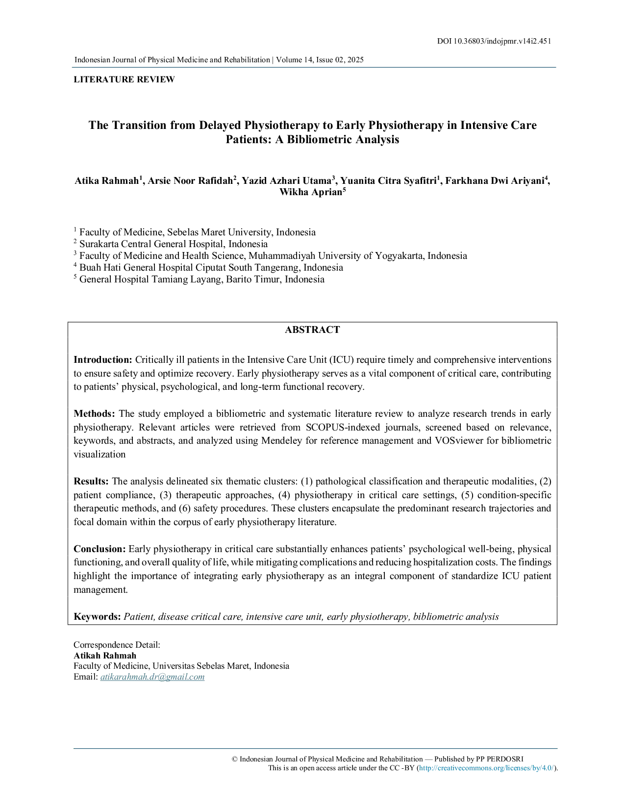 JURIS The Transition from Delayed Physiotherapy to Early Physiotherapy in Intensive Care Patients A Bibliometric Analysis