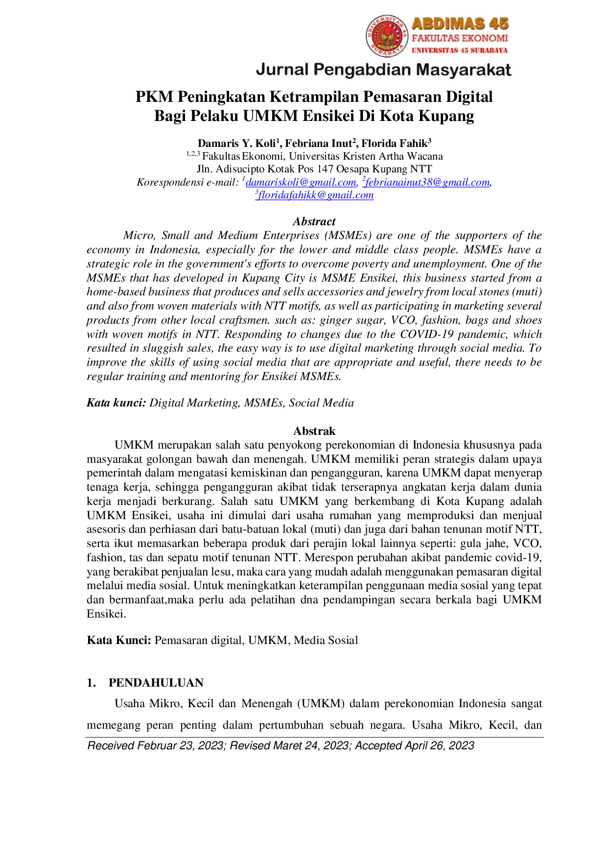 JURIS Peningkatan Ketrampilan Pemasaran Digital Bagi Pelaku UMKM Ensikei Di Kota Kupang