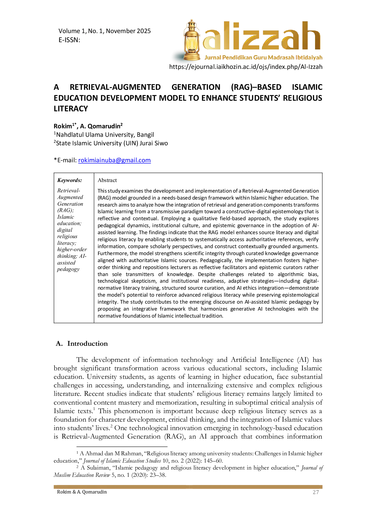 JURIS A RETRIEVAL AUGMENTED GENERATION ISLAMIC EDUCATION DEVELOPMENT MODEL TO ENHANCE STUDENTS RELIGIOUS LITERACY