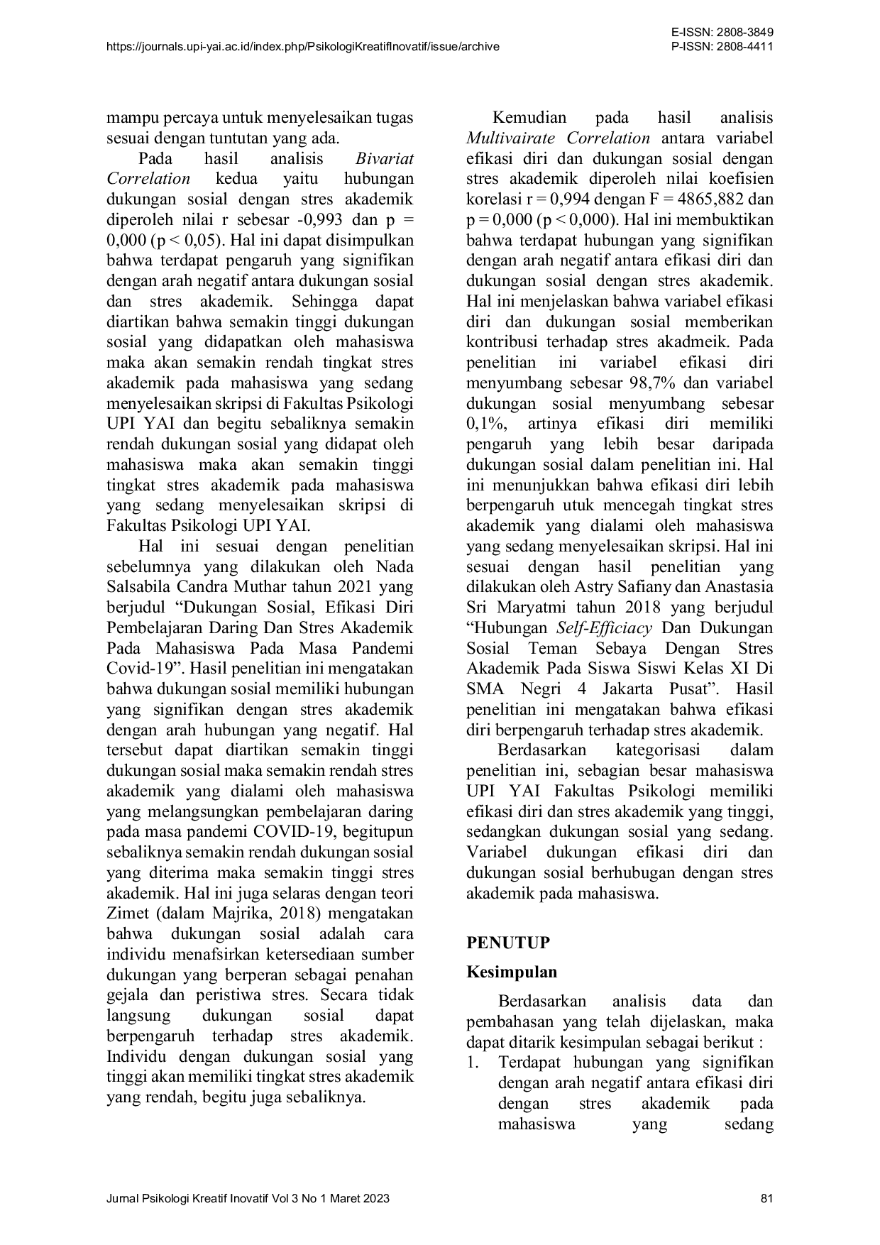 JURIS Hubungan antara Efikasi Diri dan Dukungan Sosial Dengan Stres Akademik Pada mahasiswa yang sedang menyelesaikan skripsi di Fakultas Psikologi UPI YAI